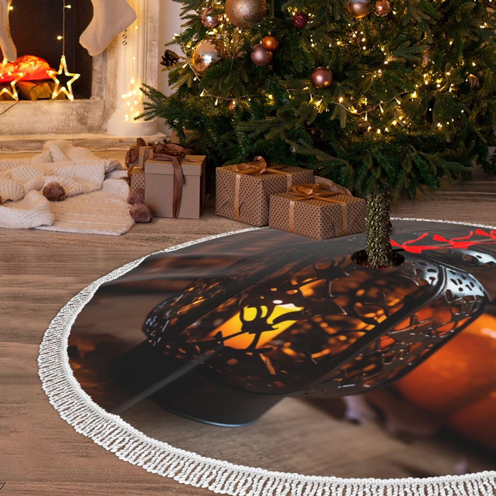 Jupe de sapin de Noël en peluche haut de gamme à pompons blancs