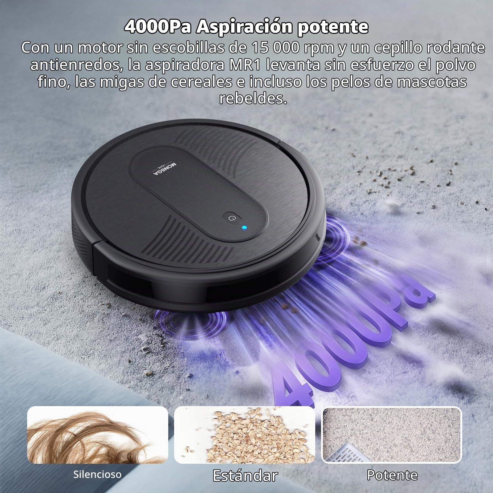 MONSGA Robot Aspirador,Robot Aspirador y Fregasuelos 4000Pa Presión de Succión, Autonomía 140 Minutos, Sensores Anticaídas y Cepillo Multifunción, TotalSurface, App Control | Robot Aspirador y Fregasuelos 3 en 1,Autonomía 140 Minutos, Sensores Anticaídas,