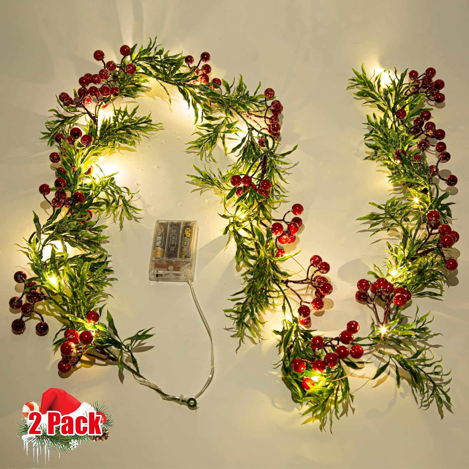 2 Pack Christmas Garland String Lights, 5.9Ft Long with Red Berries
