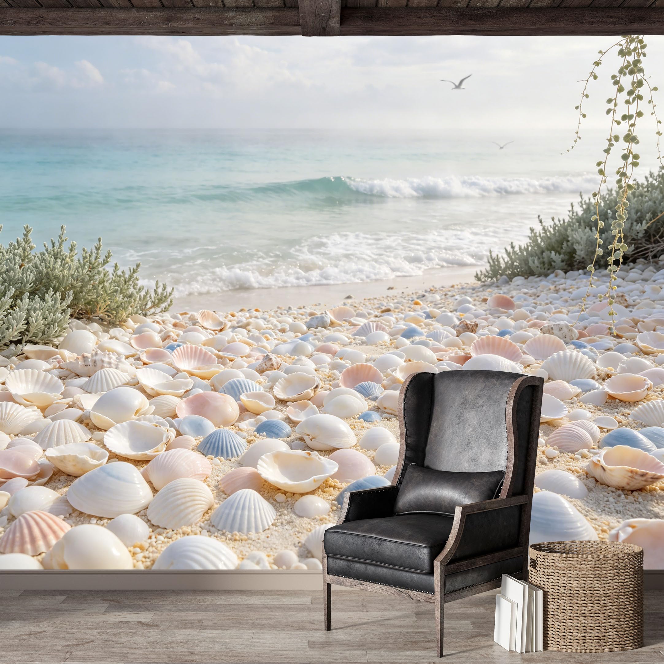 Custom Size Wall Mural,Seashell Beach Ocean Waves Pastel Tones Watercolor Premium Water Activated SelfAdhesive Wallpaper,Removable Wall Covering for Indoor Home Decor