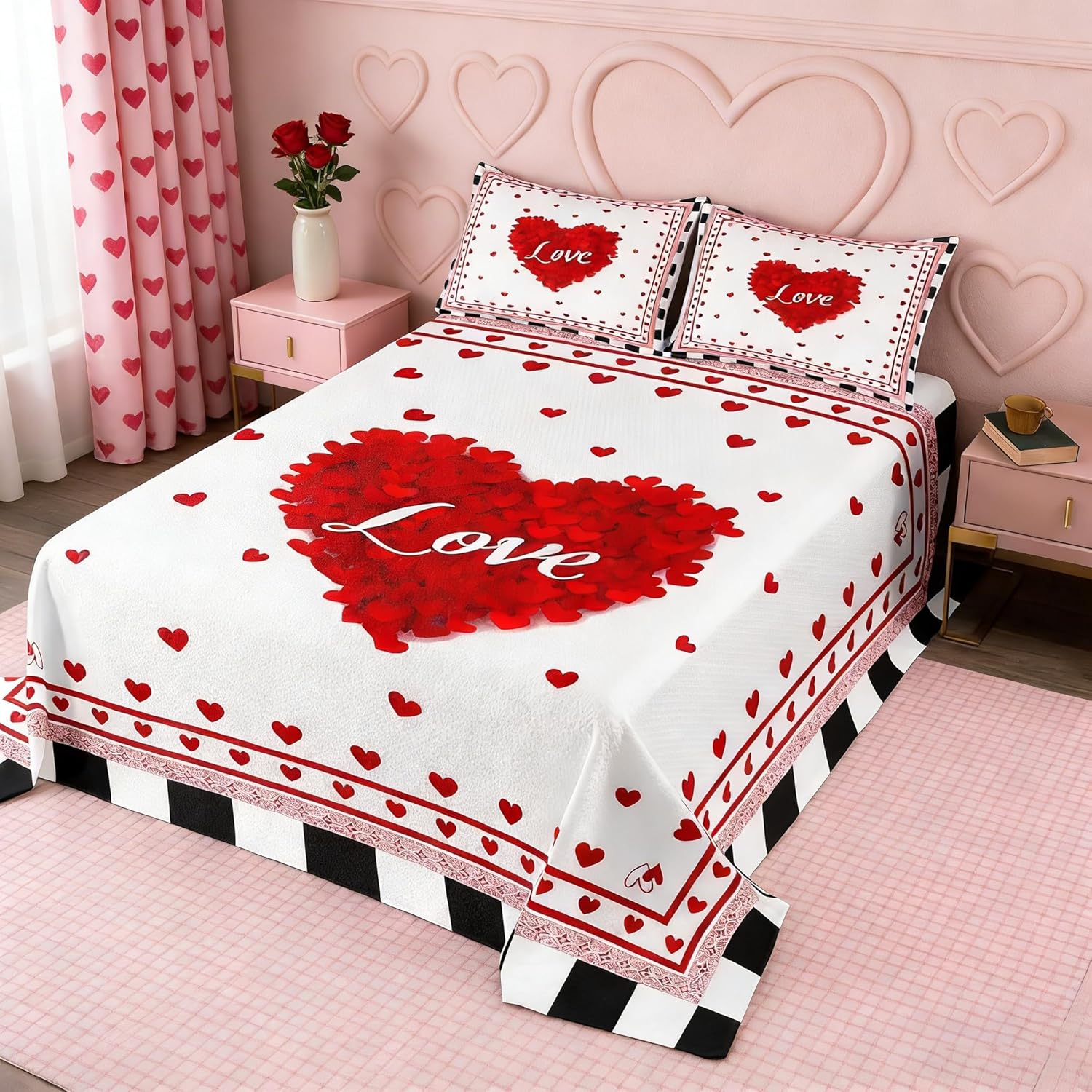 Manfei Love Bedspread King Size, Red Love Heart Print Quilted Coverlet with 2 Pillowcases, Valentine's Day Coverlet Set 3pcs for Lover Couple and Adults Room Decor, Soft Polyester Bedding Quilt
