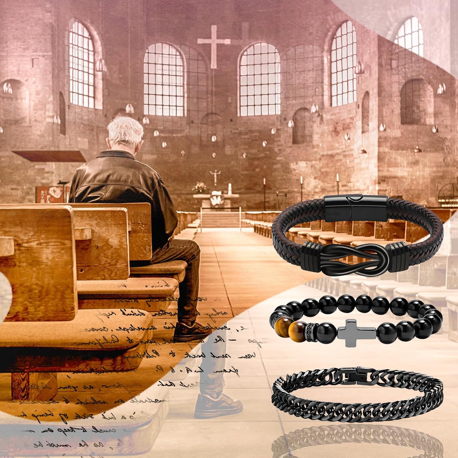 OIDEA Stainless Steel Mens Bracelet Set: 3 Piece Black Gemstone Tiger Eye Bracelets for Men Agate Cross Beaded Bracelet Leather Braided Infinity Bracelet Matching Bracelet Set Jewelry Gift