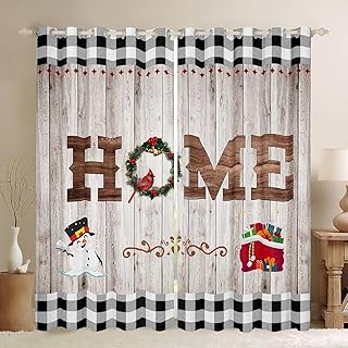 Winter Christmas Window Curtain,Light Brown Rustic Farmhouse Wood Door Curtains Cute Snowman Window Treatment Curtain for Kids Boys Girls Adult Room Decor,Black White Grid Window Drapes,42Wx90L