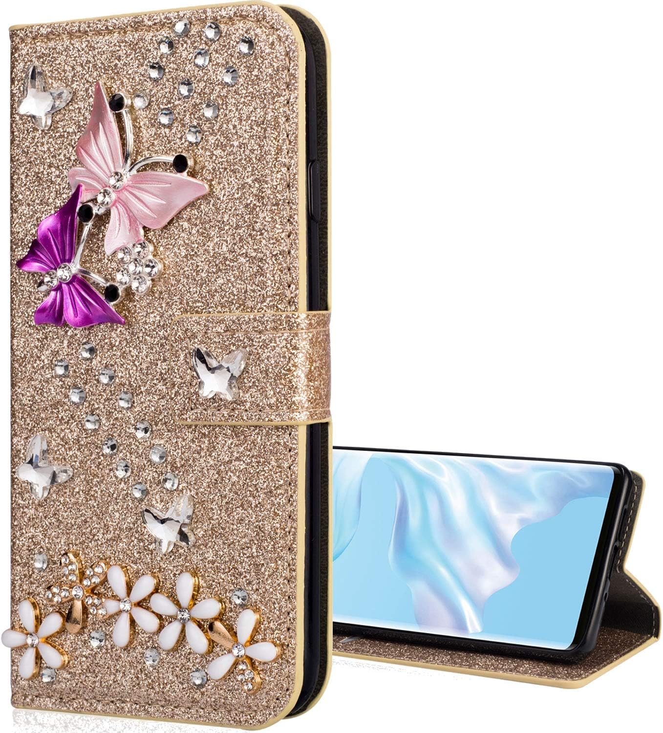 Nadoli Bling Case for iPhone 11 Pro Max 6.5",Shiny Glitter Diamond Wallet Case with Kickstand Card Slots Magnetic Closure Butterfly Flower Flip Leather Case for iPhone 11 Pro Max 6.5",Gold