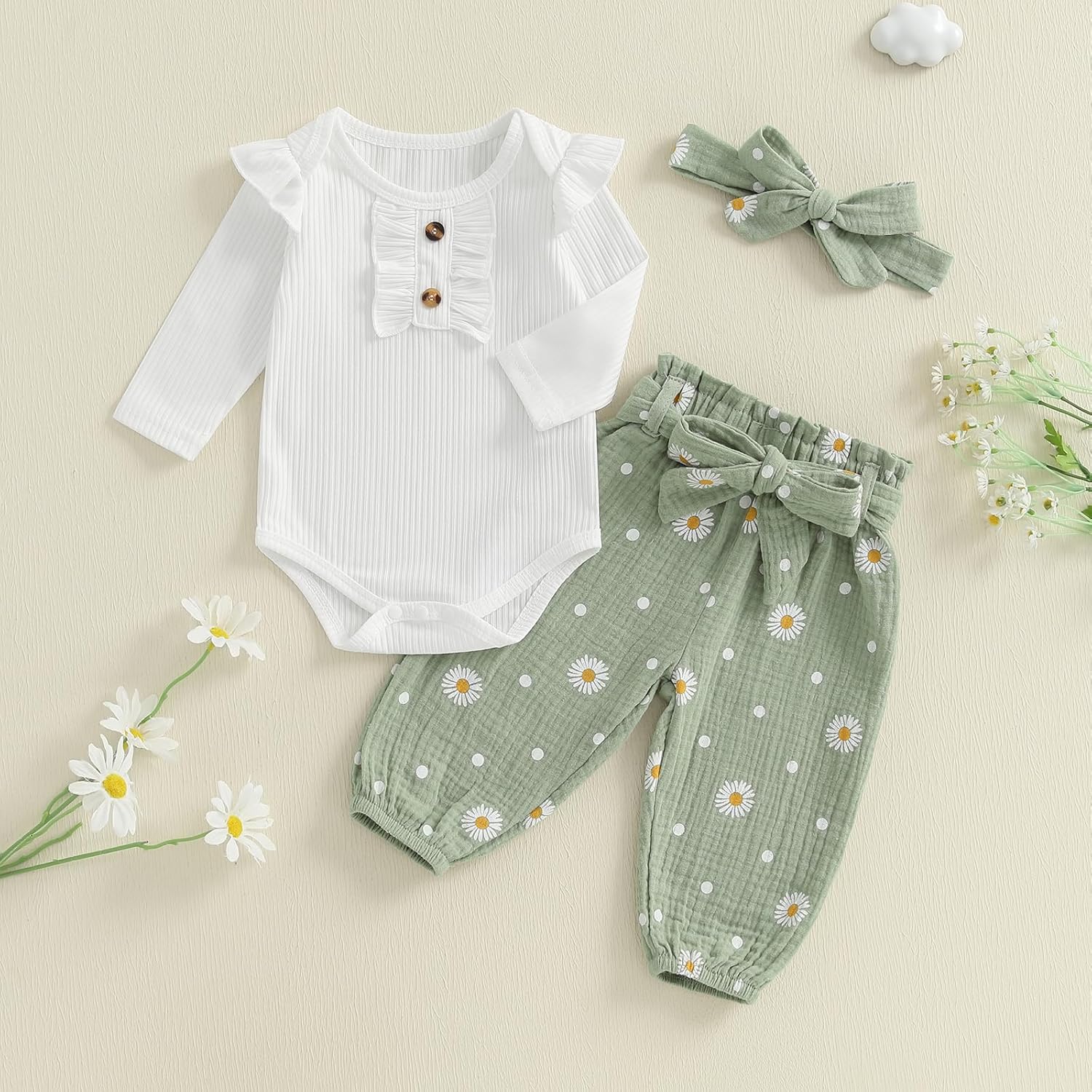 Kaipiclos Newborn Infant Girl Clothes Rib Knit Romper Ruffle Sleeve Daisy Print Pants Baby Clothes Girls 0 3 6 12 18 24 Month - Image 3