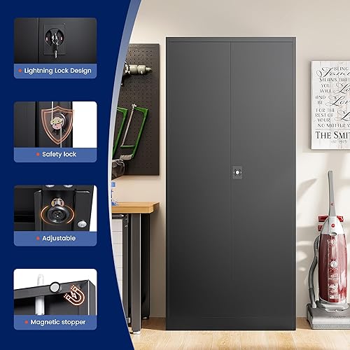 Miniatura 5 de Yizosh Armario de almacenamiento de metal para garaje con cerradura, gabinete de herramientas de bloqueo de 71 pulgadas con 2 puertas y 5 estantes,