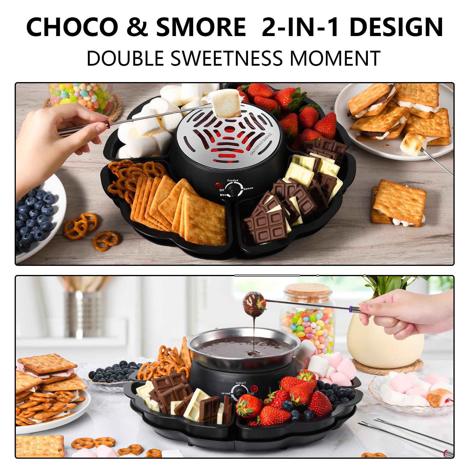 12-teiliges Schokoladenfondue mit Obst- & Kekstablett, 2-in-1 S’Mores- und Schokolade Hot Pot Set, elektrischer Marshmallow-Röster mit Temperaturregelung, perfekt für Partys & Familienfeiern