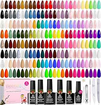 Beetles 110 PCS Gel Nail Polish Set, 100 Colors Infinite Inspiration Gift Spree All Season Red Brown Green Black Gel Polish with 5Pcs Base Top Coat Soak off UV Gel for Manicure Lovers DIY at Home