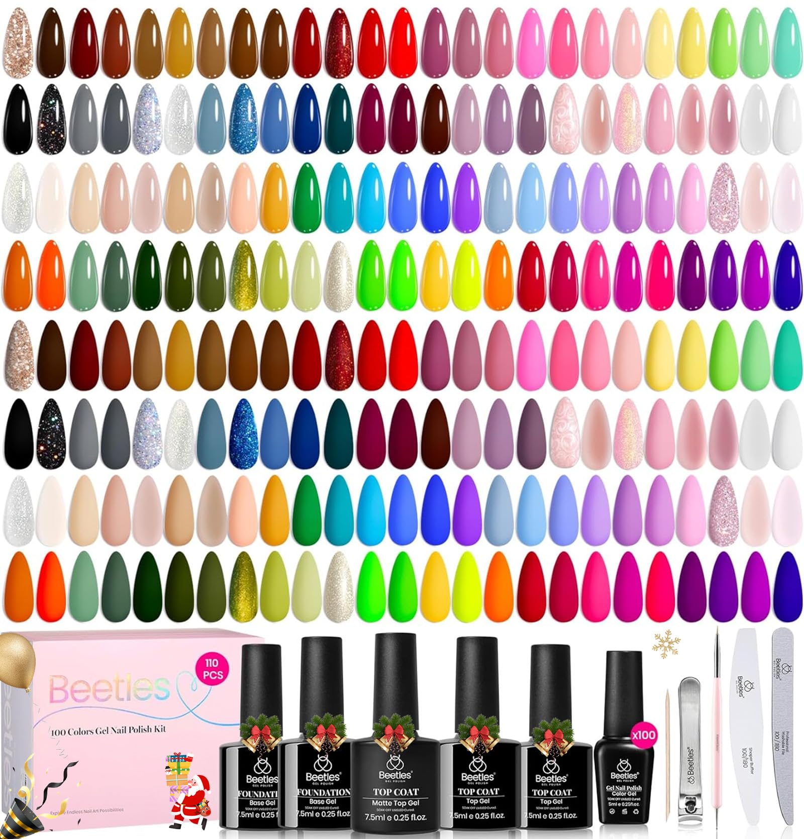 Beetles 110 PCS Gel Nail Polish Set, 100 Colors Infinite Inspiration Gift Spree All Season Red Brown Green Black Gel Polish with 5Pcs Base Top Coat Soak off UV Gel for Manicure Lovers DIY at Home