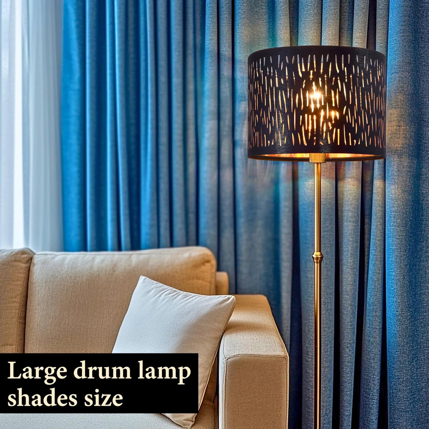 Black Large Drum Lamp Shades, 16" Top x 16" Bottom x 10" High(Spider), Industrial Etching Vertical Stripe Floor Lamp Shade, Replacement Living Room Table Lamps Shade, Assembly Required -By GO&SO