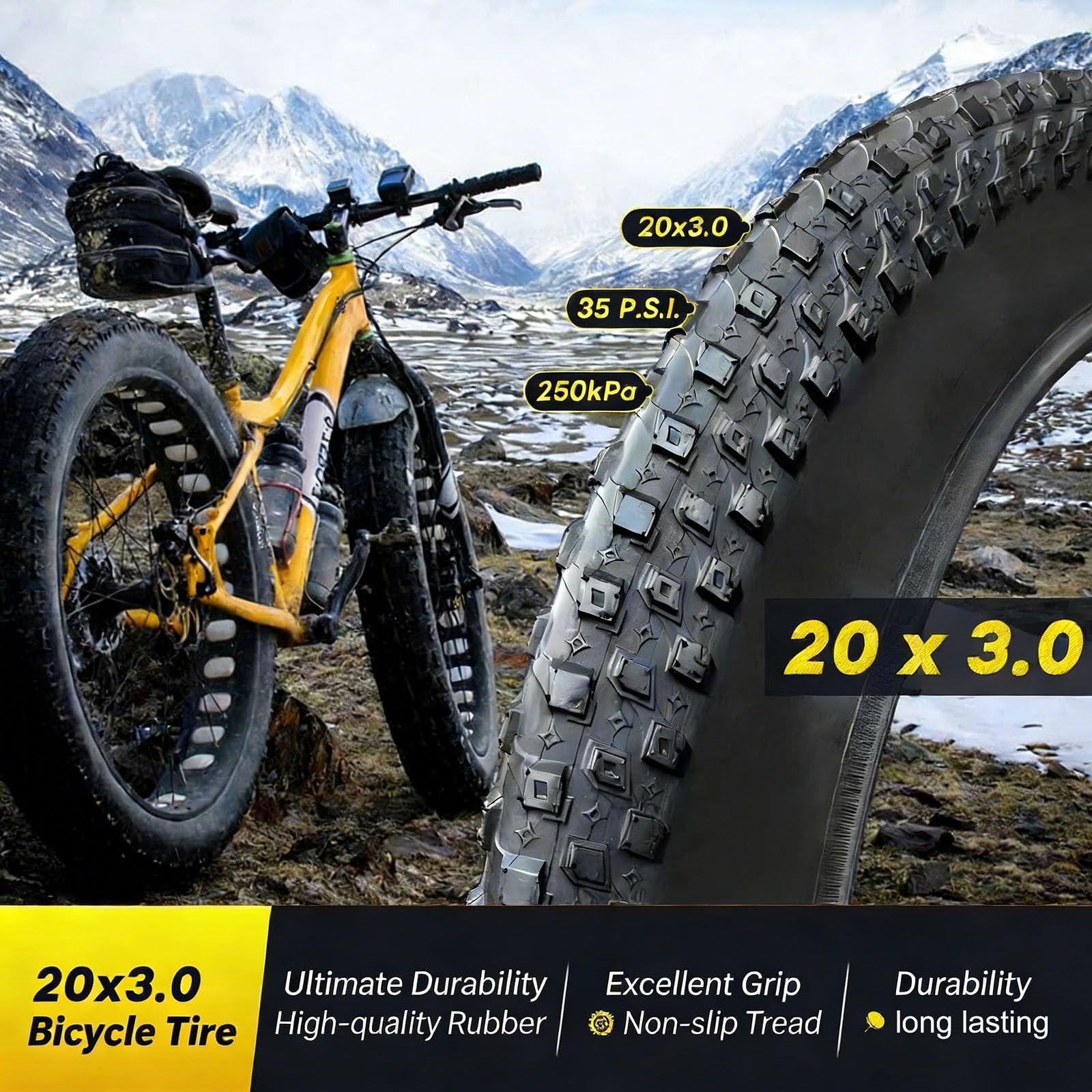 20x3.0 Opona Odporna na Przebicia, Wzmocniona, Gotowa na Tubeless, 35PSI, Wszystkie Tereny Śnieg Piasek Błoto Off-Road dla E-Bike i Mountain Bike