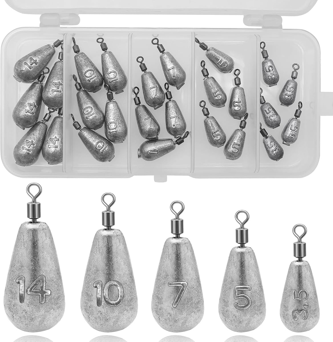 Fishing Weights Sinkers Kit, 25pcs 5 Sizes Bass Casting Drop Shot Weights | Fishing Lead Weights Fishing Assortment for Saltwater Freshwater