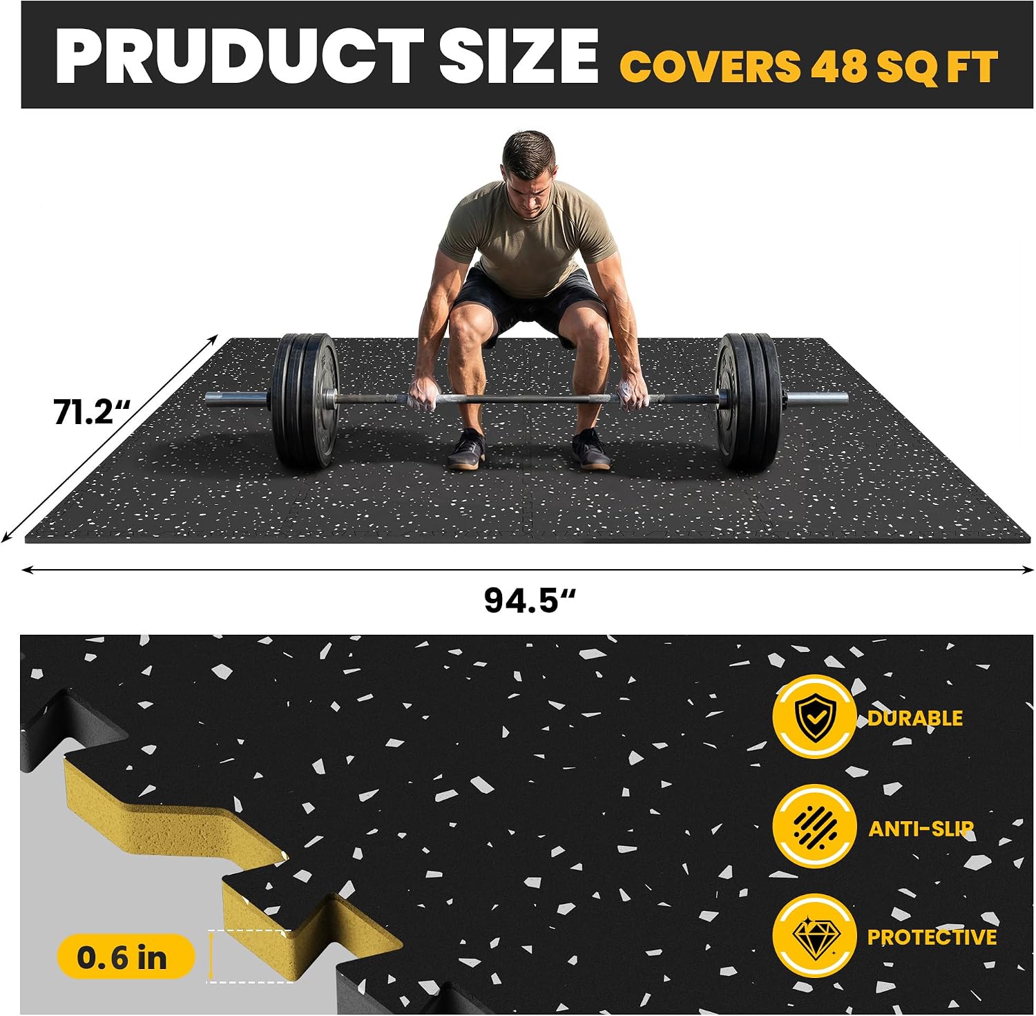 0.6" Thick Rubber Top Exercise Mat, Interlocking Puzzle Gym Flooring Mat | 12 Tiles (48 Sq Ft) EVA Foam Non-Slip Workout Mat, 24x24in Heavy Duty Floor Protector for Home Gym Fitness Equipment