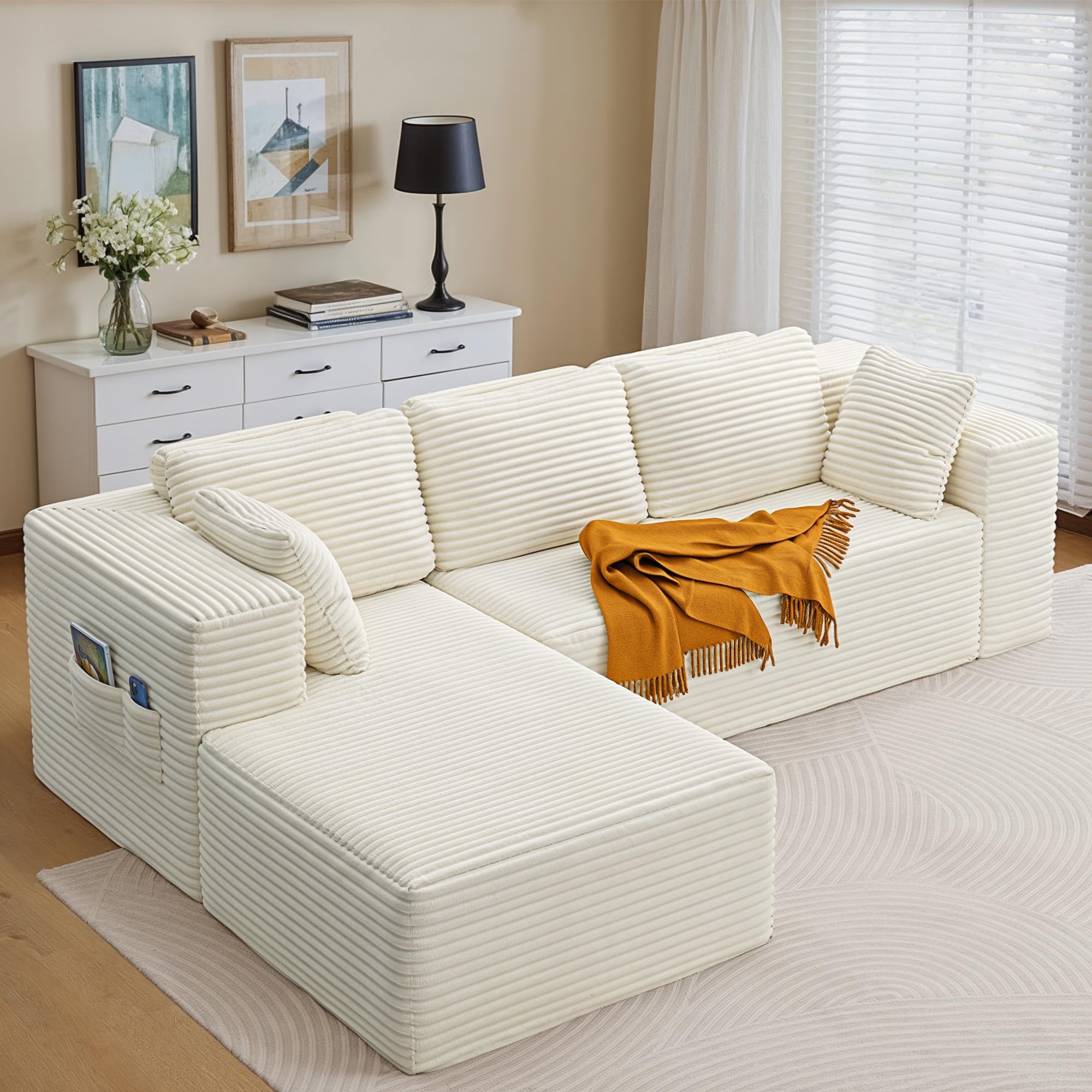 Xbro Sofa 3-osobowa w kształcie litery L z sztruksu, nowoczesna sofa do salonu z poduszkami i bocznymi kieszeniami, pianka 30D o wysokiej gęstości, 250 x 160 x 62 cm, Beżowa