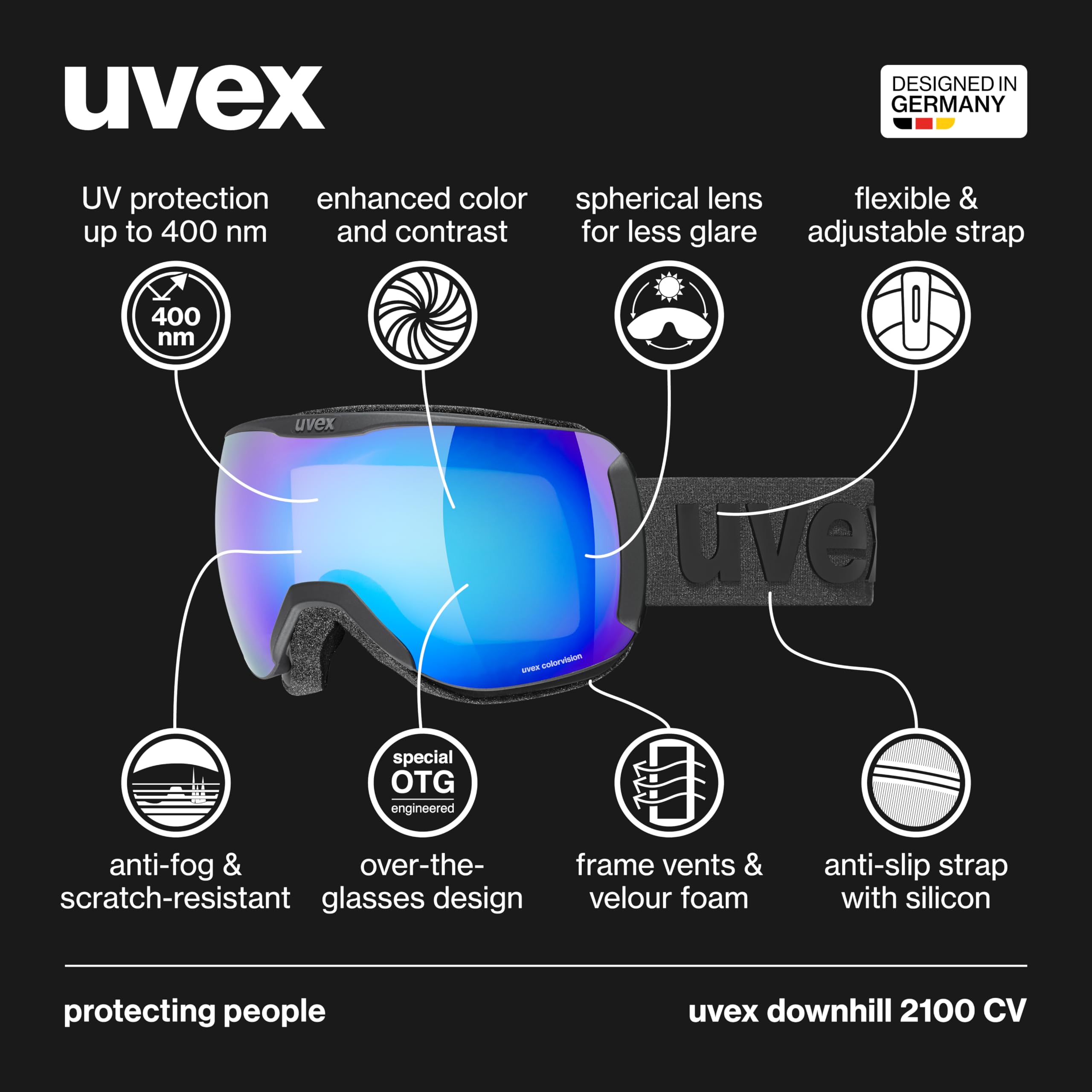 uvex downhill 2100 CV - gogle narciarskie unisex - wzmacniające kontrast - bez zniekształceń obrazu i efektu zaparowania - black matt/blue-green - one size