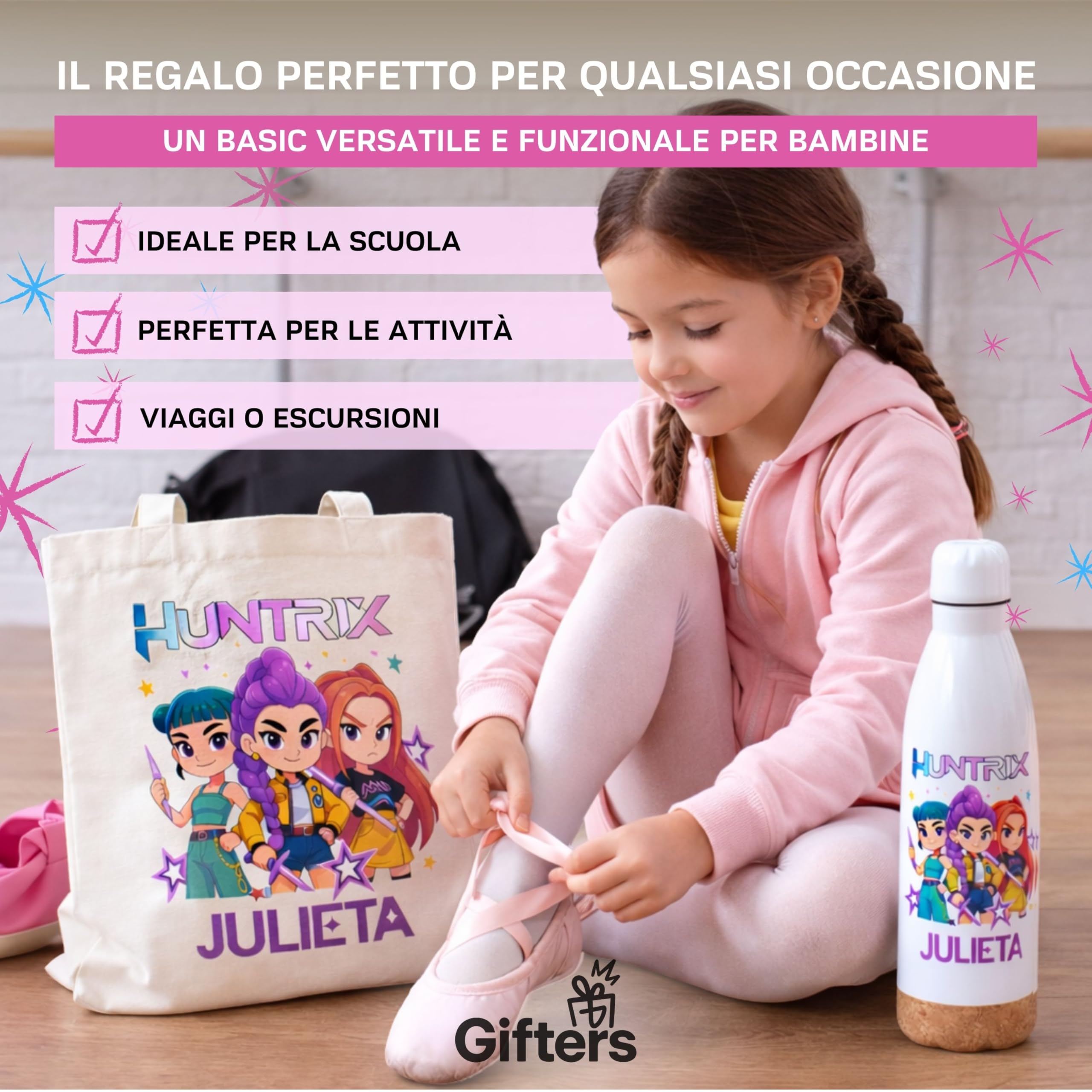 Gifters| Borsa Personalizzata con Nome e Bottiglia in Acciaio Inox 750ml| Design Personaggi Stile Kpop| Tote Bag Cerniera| Confezione Regalo Originale per Ragazza, Compleanno, Natale, Prima Comunione