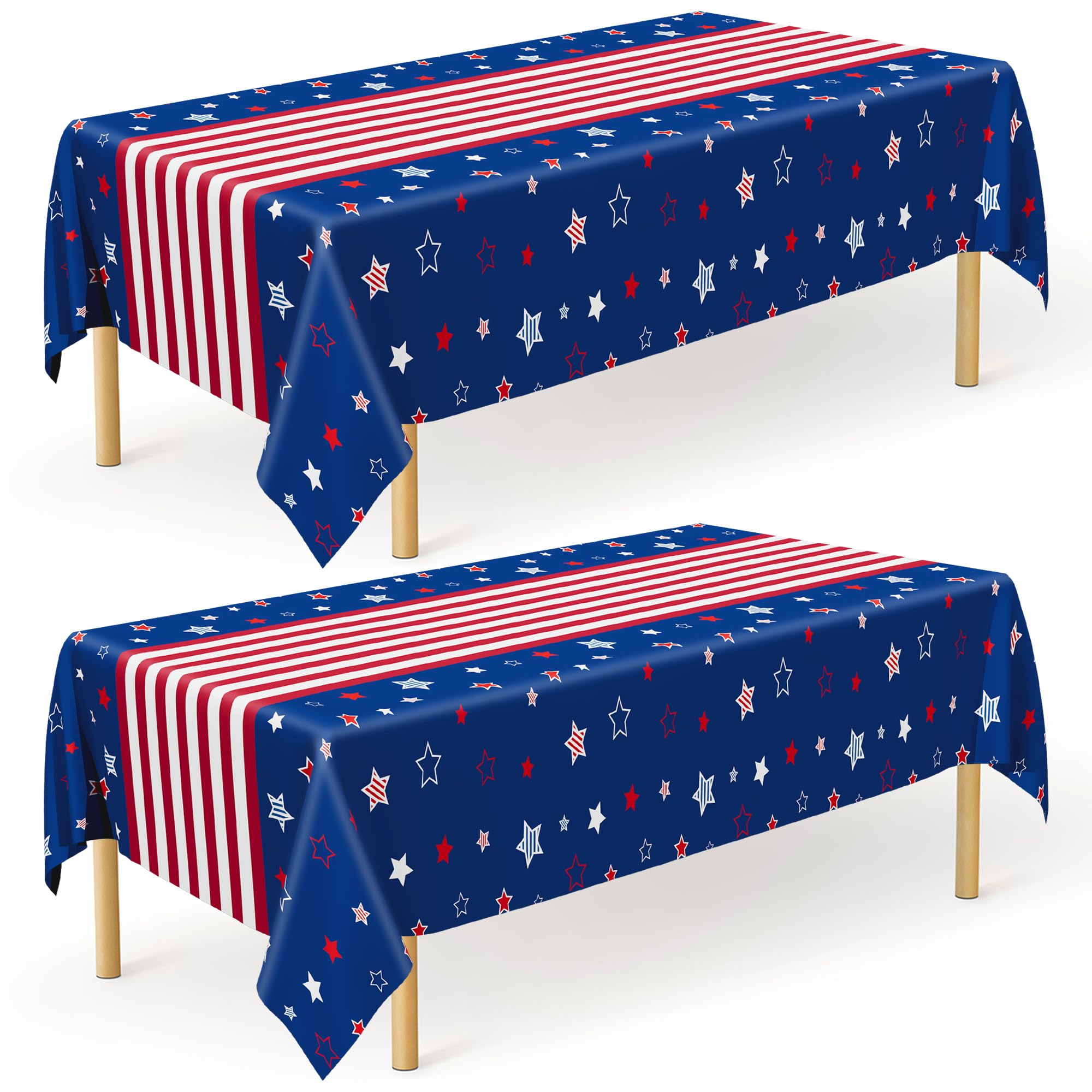 QZYL 2 Pack 4th of July Tablecloth, 54" x 108" American Plastic Table Cover, Disposable Red White Blue Tablecloths Fourth of July Table Cloth,