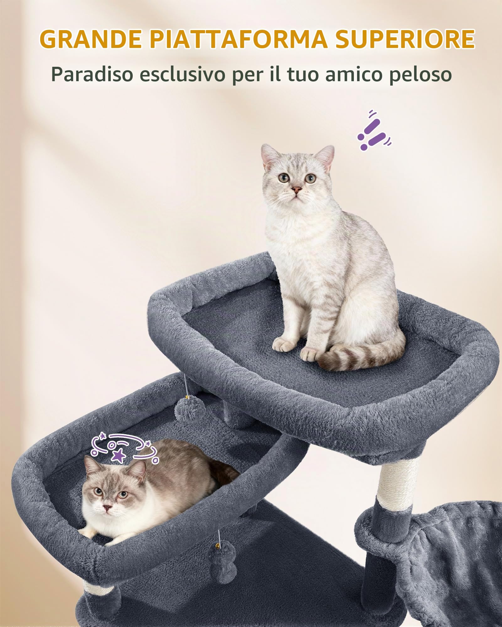 Hzuaneri Tiragraffi per Gatti, 153 cm con 6 Pali Graffiatoi, 1 Ampia Grotte, 3 Grandi Piattaforme, Cestino, Palline di Peluche, Graffiatoio, Grigio Scuro MS15418SG