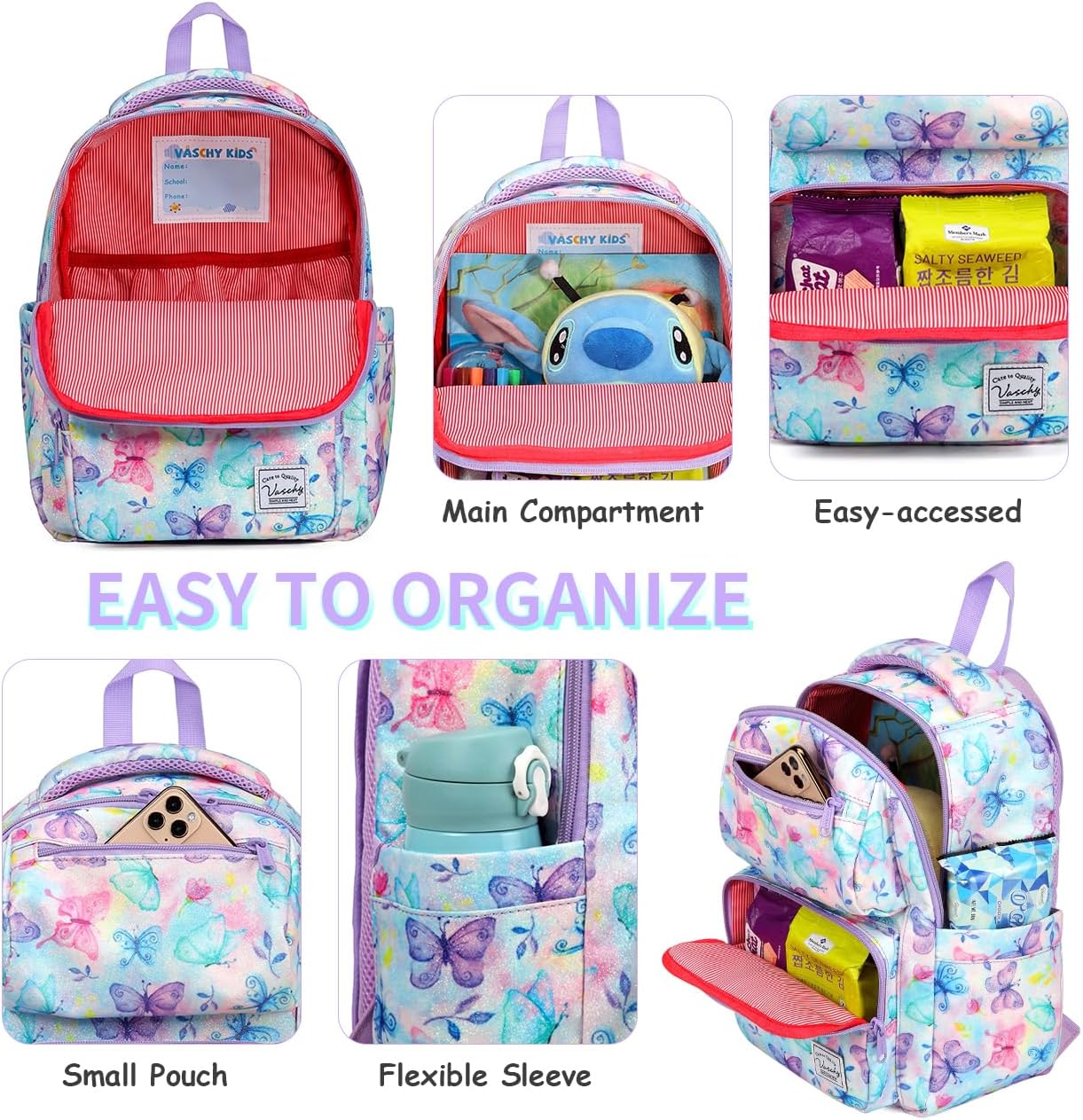 VASCHY Toddler Backpack for Boys, Kids Cute Kindergarten Daycare Children 7L Small Backpack Bookbag for School Travel Giltter Butterfly - Image 4