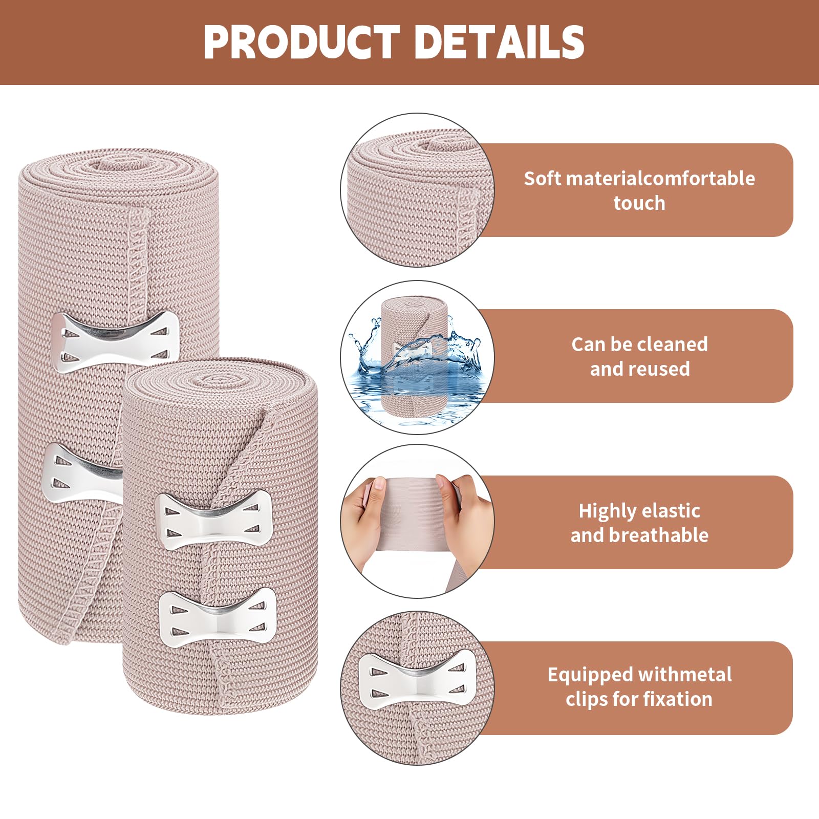 Set de 10 Vendas Elásticas de Compresión, 4 Tamaños (5/7,5/10/15 cm), Vendaje Elástico Lavable con Clip Metálico, Ideal para Muñeca, Tobillo, Rodilla y Primeros Auxilios