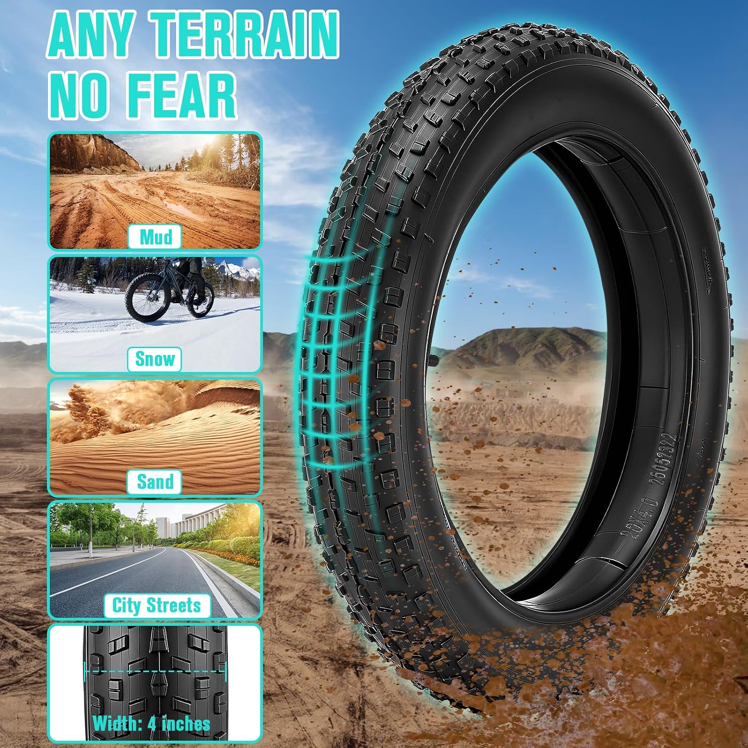 20/26x4.0 Fat Tire for Ebike and MTB, High-Performance 26/20x4.0 Fat Tires Set with 20x4 Tire Tube Puncture Proof, Heavy Duty 20x4 Bike Tires Durable All-Terrain