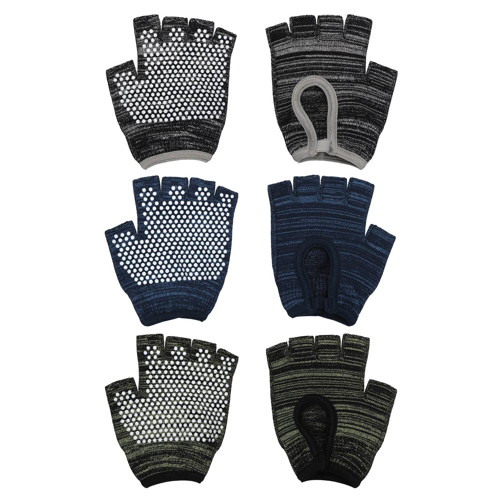 YELARXI Yoga Gloves, Non Slip Fingerless Pilates Gloves Breathable Exercise Workout Mittens - Fitting For(Men Women Gym/Weight Lifting/Cycling/Training), 3 Pairs & Black Grey/Green/Cyan