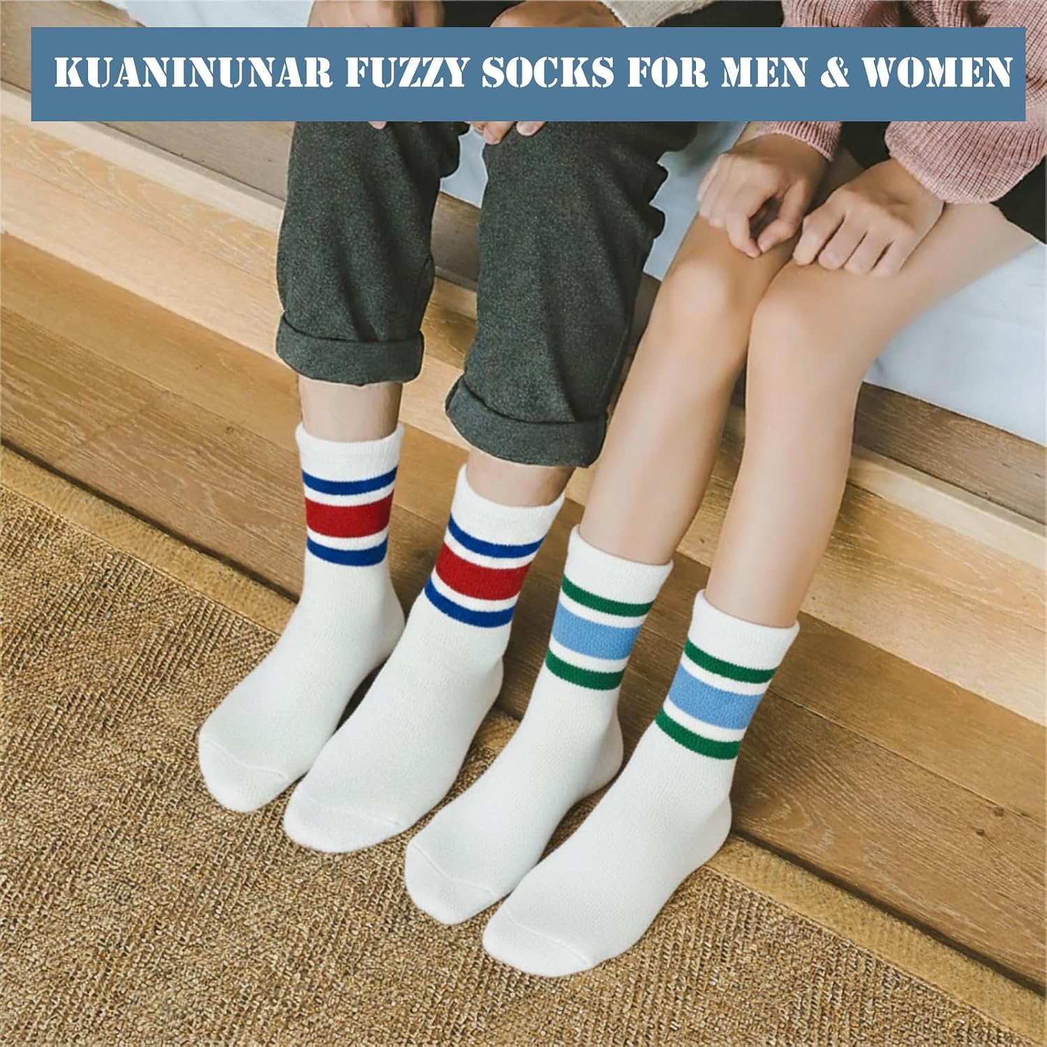 5 Pairs Fuzzy Socks Warm Winter Christmas Slipper Fluffy Sleep Striped Slouchy Crew Socks for Mens Womens