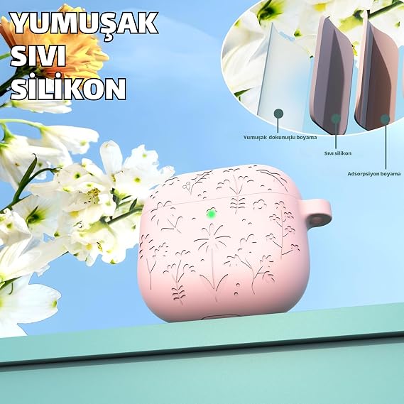 AirPods 4. Nesil Uyumlu Çiçek İşlemeli Premium Silikon Kulaklık Kılıfı ve 3'ü 1 Arada Bluetooth Kulaklık Temizleme Kalemi Seti (Pembe)