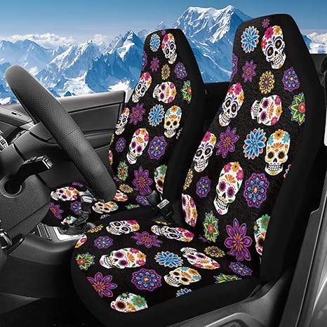 Bulopur Floral Sugar Skull Car Front Seat Covers Front Seats Soft Cold Weather Auto Seat Cover Cozy Vehicle Bucket Cover for Cars Van Truck SUV Sedans