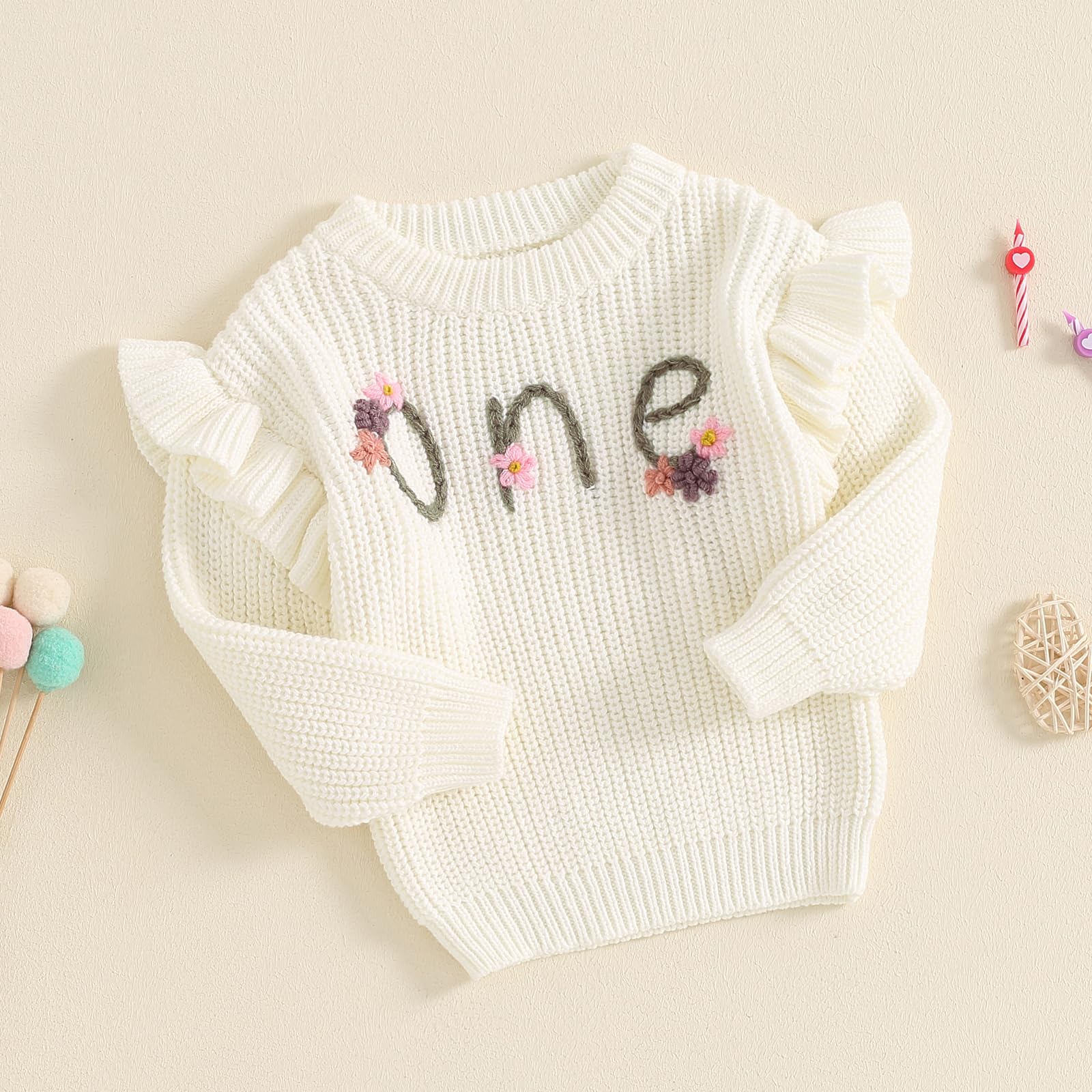 Newborn Baby Girl First Birthday Outfit One Embroidery Sweater Warm Knitted Pullover Infant Fall Winter Clothes (White, 12-18 Months)