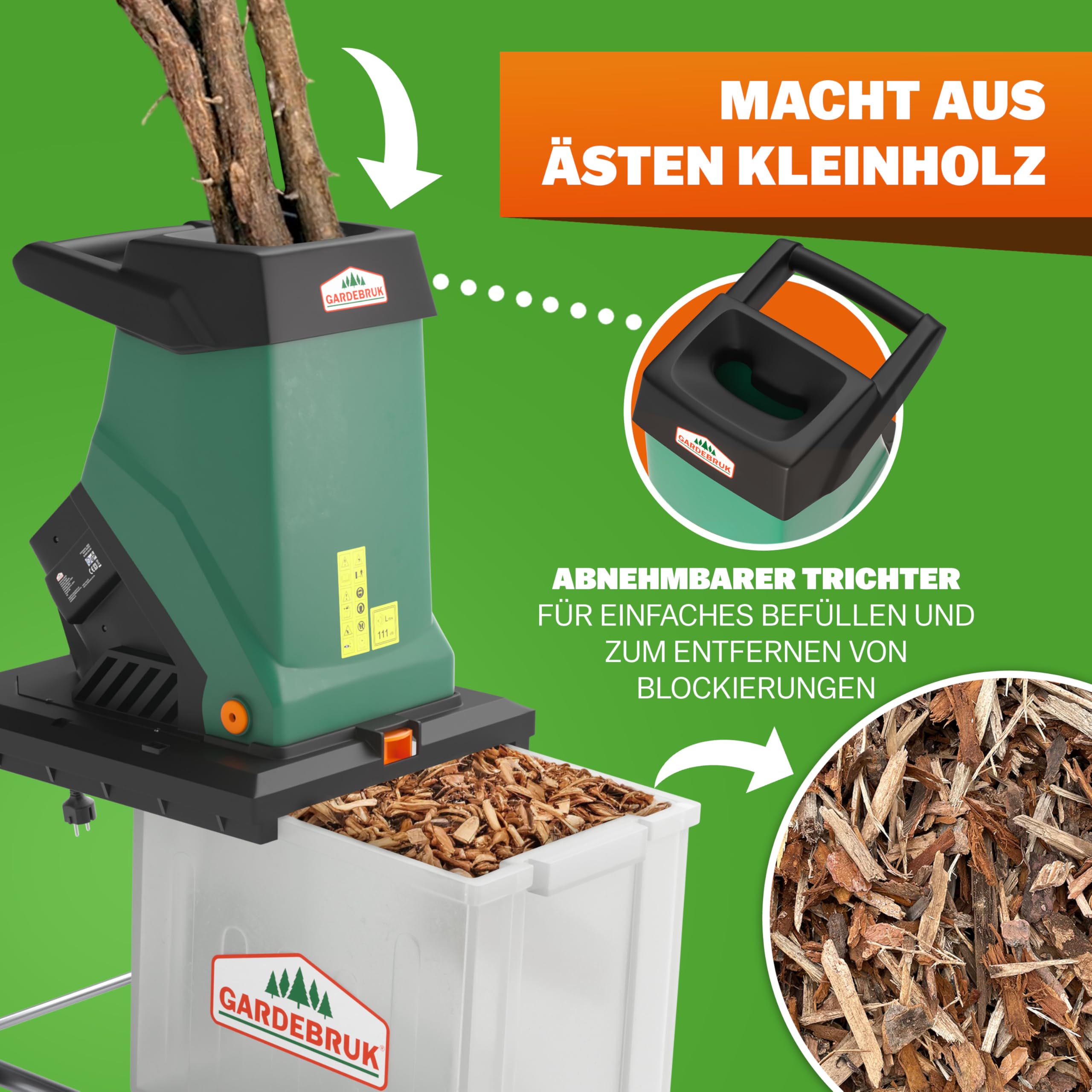 Gardebruk® Trituradora Eléctrica de Jardín 3100W máx., Ramas de Ø40mm, Triturador, Bolsa de Recolección 50L, Herramienta Jardineria, Residuos de Jardin, Astilladoras, Trituradoras Troncos Madera
