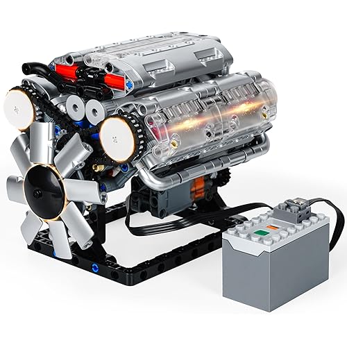 Vuvance V8 Engine Model kit with Battery and Motor – Fully Assemblable V8 Engine Model Toy with Transparent Cylinder Head, Timing Chain and Crankshaft Pulley System for Adults – 500+ Pieces