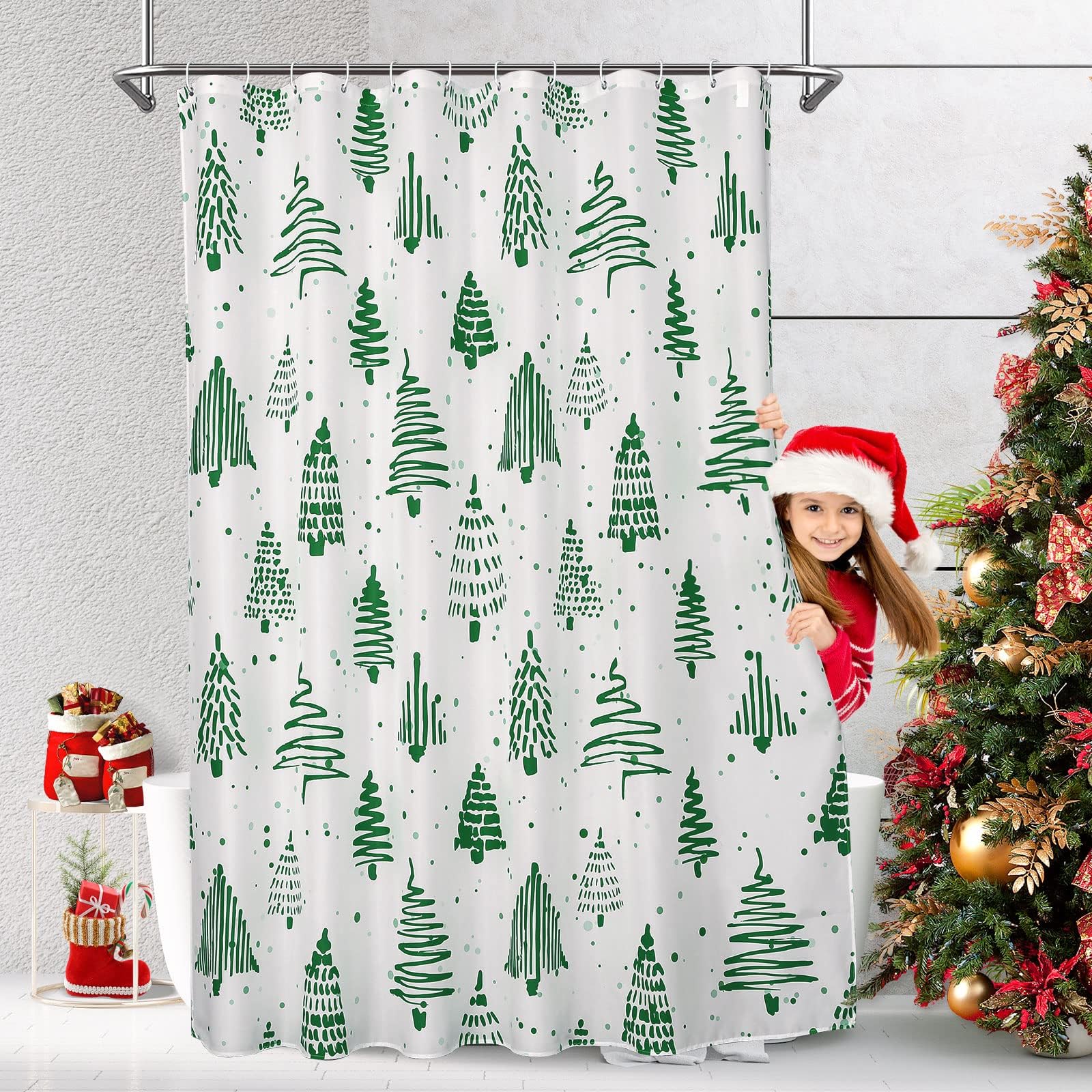 MitoVillaChristmas Shower Curtain Set, Xmas Shower Curtain, White and Green Standard Fabric Shower Curtain, Xmas Pine Shower Curtain for Christmas Holiday Bathroom Decor, 72 x 72
