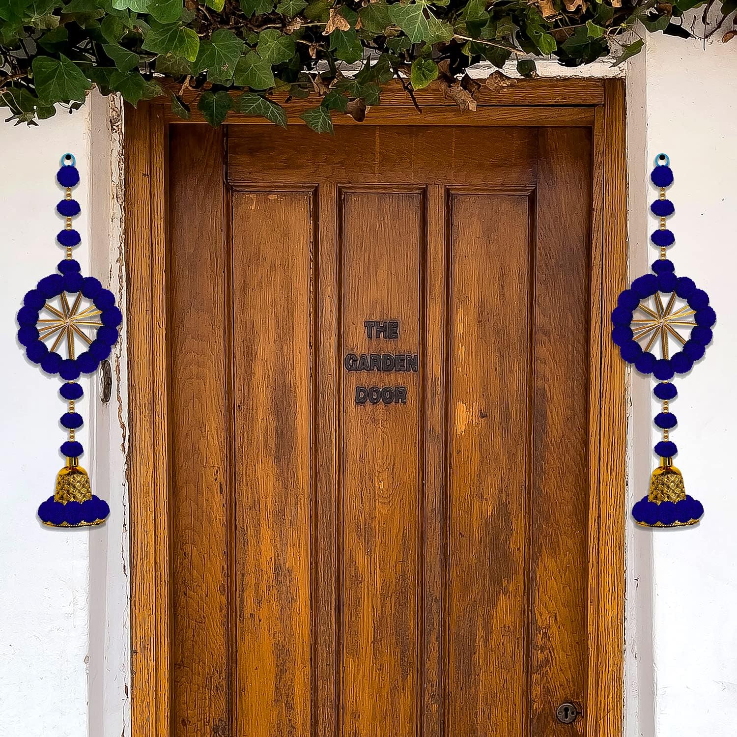 Handmade Pom Pom Beads & Gota Pati Ring with Golden Bell for Home Wedding Festival Decor,Office Home Diwali Decoration, Size 15.5 inches, Pack of 2, Colour Blue (RK-34202-2)