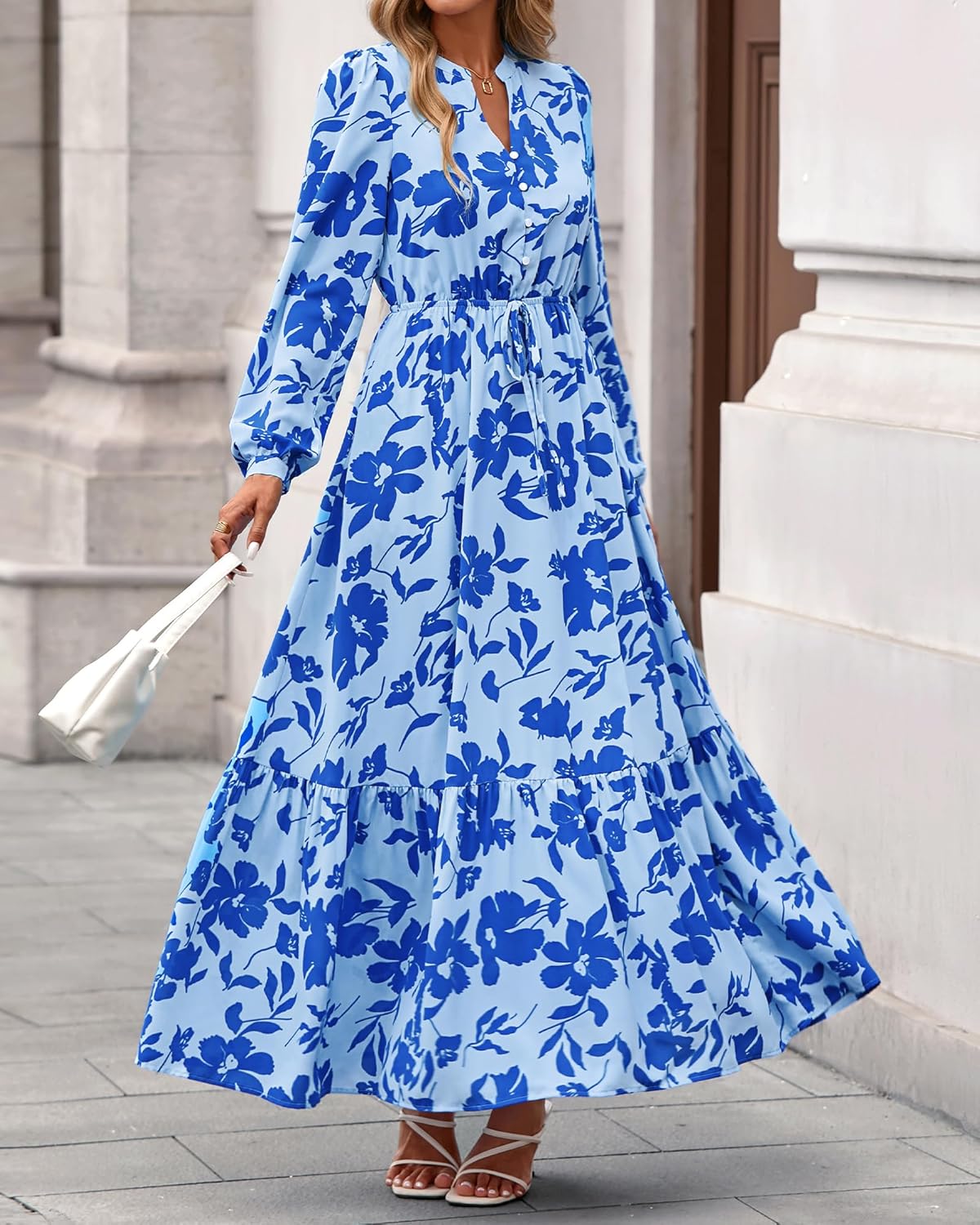 BTFBM Women Boho Maxi Dress Fall Fashion 2025 Floral Long Sleeve V Neck Button Pockets Flowy Vacation Wedding Dresses - Image 6