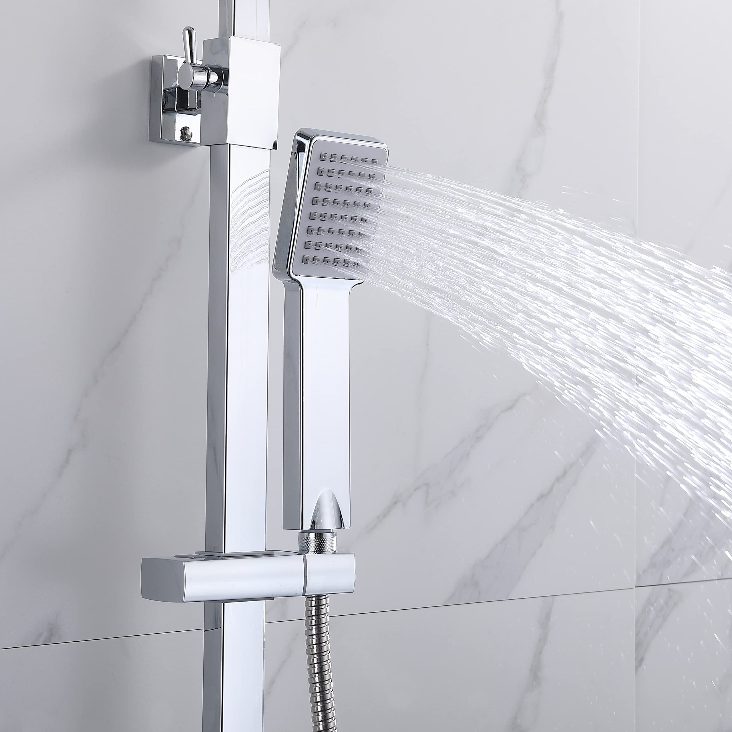 Columna de Ducha termostática, Alcachofa de Baño, Cuadrada con manguera de acero inoxidable en cromo, Ducha Lluvia, Barra ajustable en 73-116cm