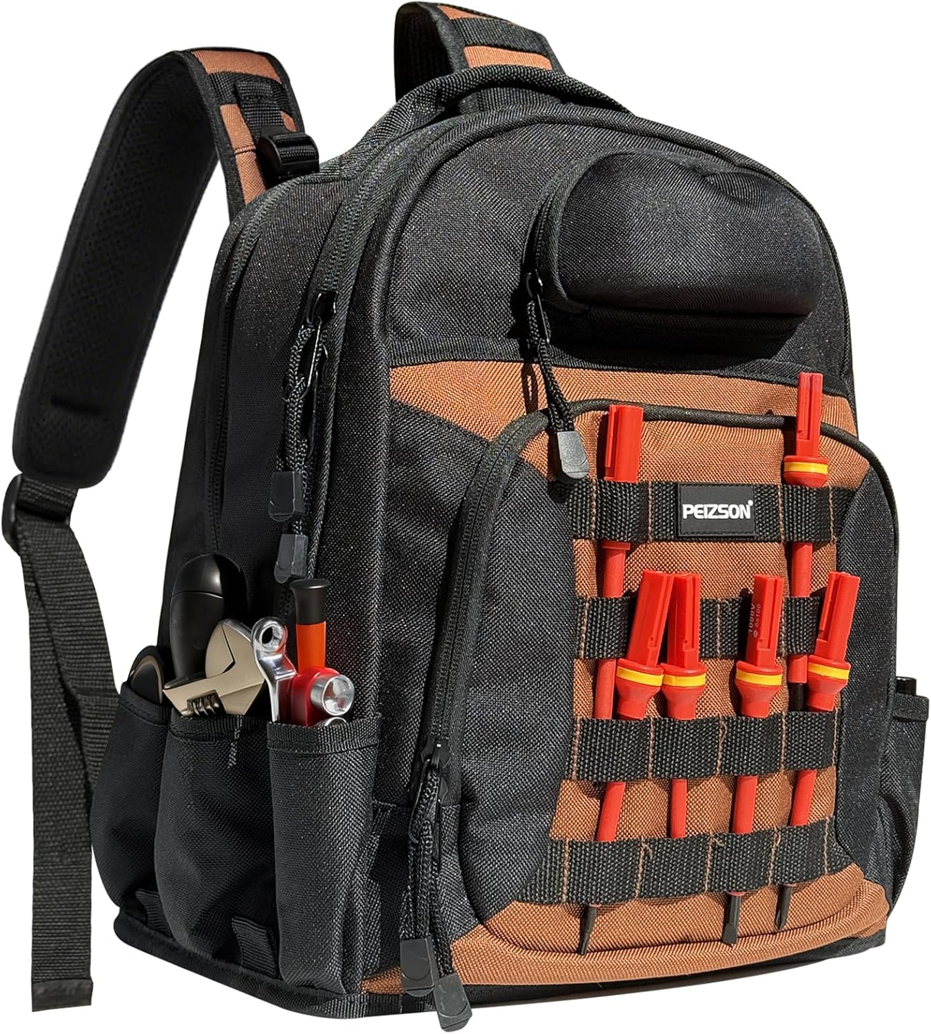 Tool Backpack for Electricians, HVAC, Technicians & Mechanics. Professional Tool Back Pack Bag with 4 Compartments, 39 Pockets, 31 MOLLE Loops, and Safety Goggles Box