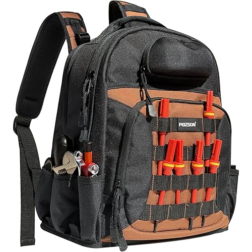 Tool Backpack for Electricians, HVAC, Technicians & Mechanics. Professional Tool Back Pack Bag with 4 Compartments, 39 Pockets, 31 MOLLE Loops, and Safety Goggles Box