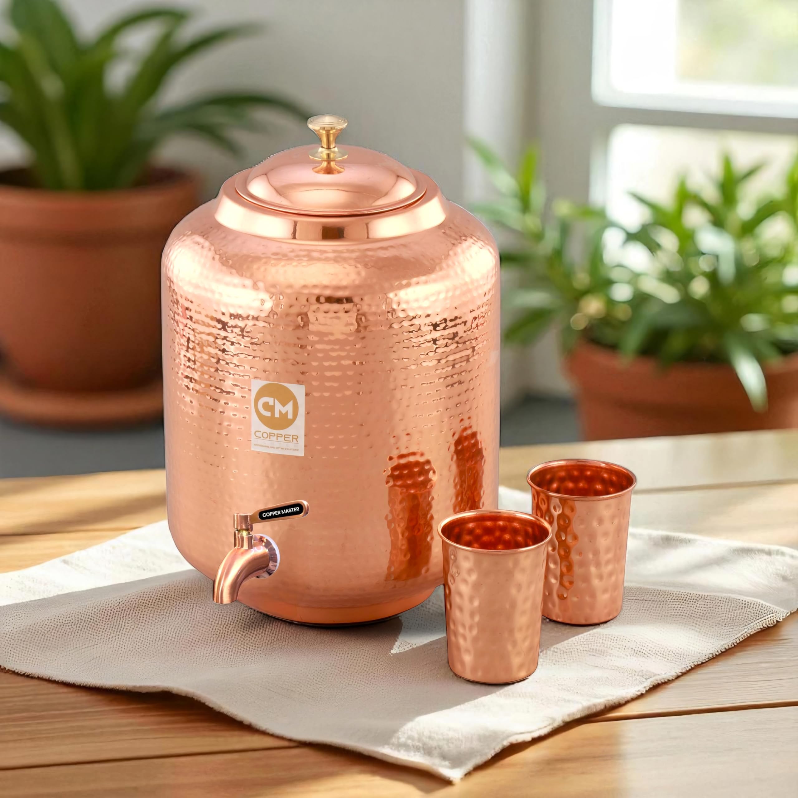 Copper-Master 14 Litre Hammered Copper Water Dispenser (Matka/Pot) Container Pot with 2 Copper Glasses Pure Copper and Ayurvedic Health Benefits (14000 ml + 600 ml)
