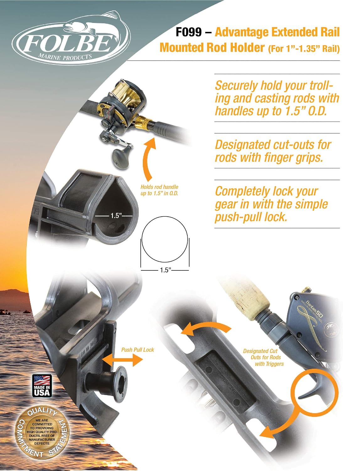 F099 - Advantage Extended Rail Mounted Rod Holder - for 1.040"-1.35 Round Rails