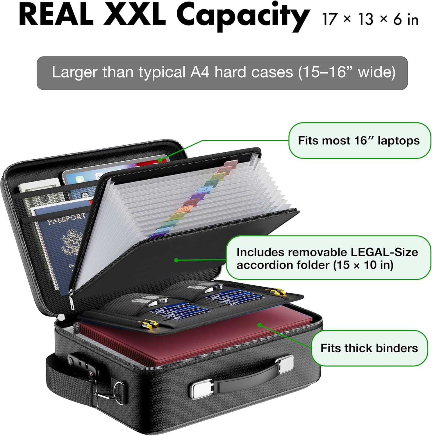 XXL Legal-Size Fire & Water-Resistant Document Box with TSA Lock - Hard-Shell Case (17×13×6 in) Hard Case File Organizer for Important Documents, Laptop, Passport, Wills & Certificates (Black)