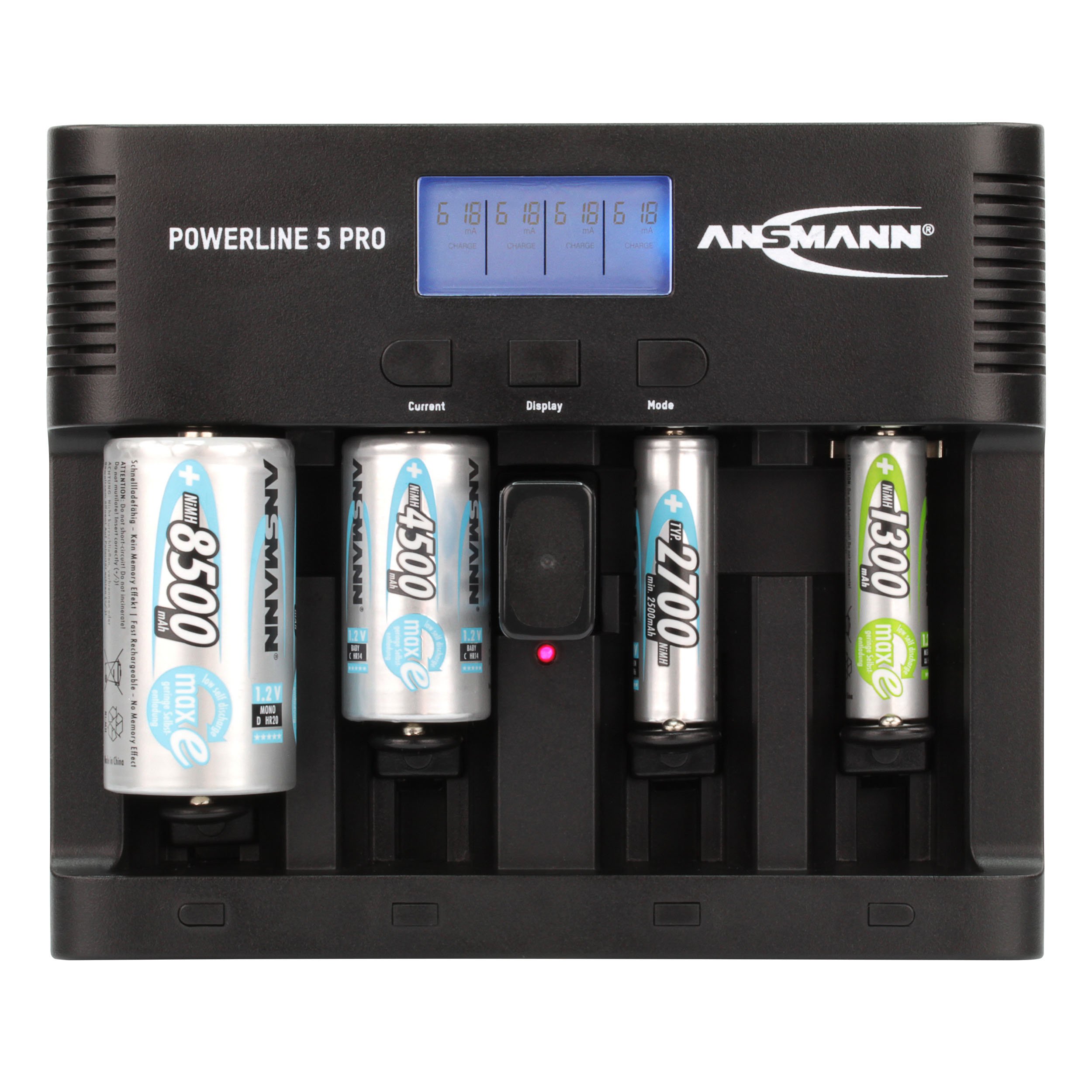 ANSMANN Universal Powerline 5 Pro AA AAA C D & 9 V Akku-Ladegerät für NiMh NiCd wiederaufladbare Batterien mit UK-, EU-, US- und AU-Stecker und LCD-Display, Schnellladegerät zum Laden und Entladen