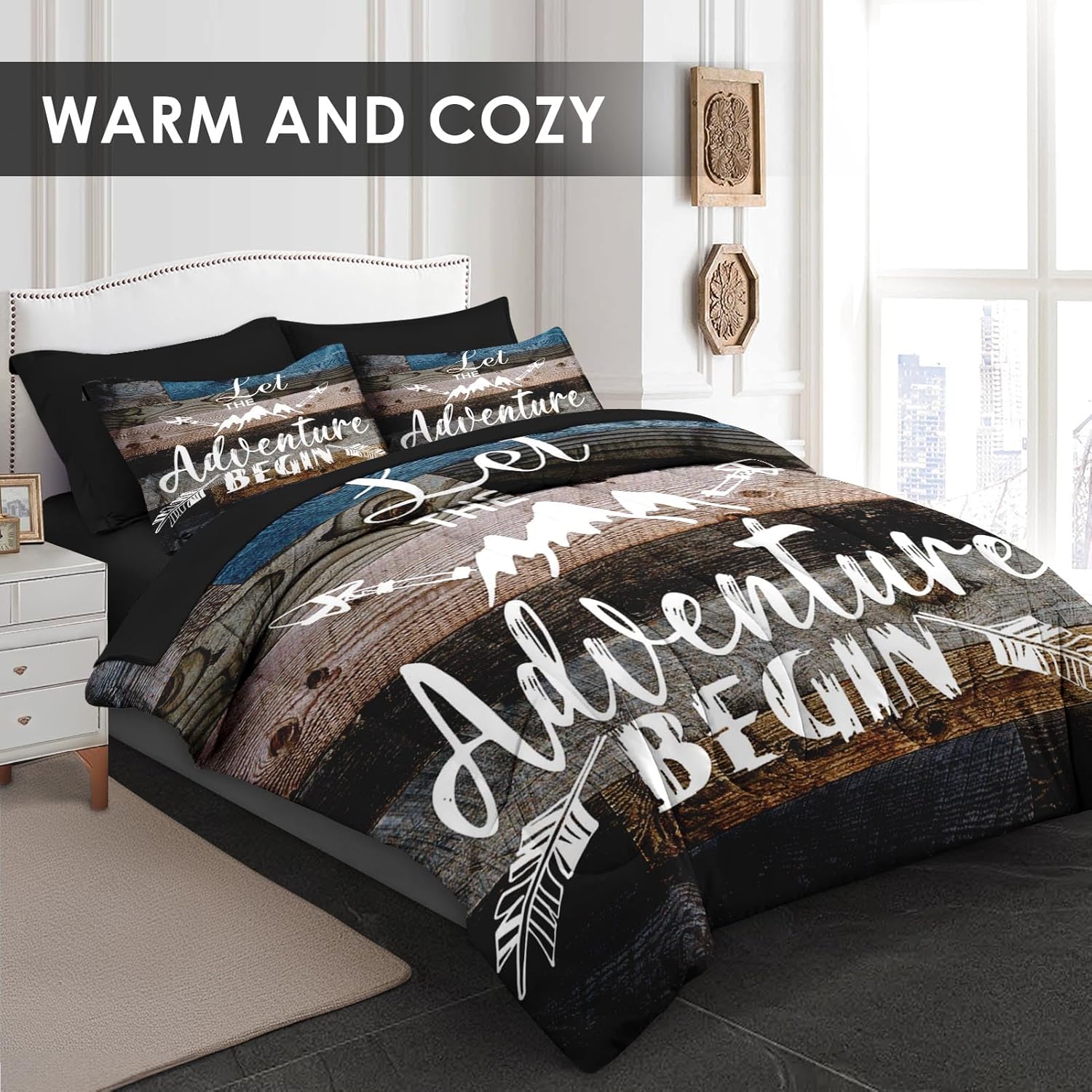 WeCozy 7 Pcs Queen Size Comforter Set with 2 Pillowcases & 2 Shams, Adventure Motivational Bedding Set for Kids and Adults, Vintage Inspirational World Bed in a Bag with Flat Sheet and Fitted Sheet