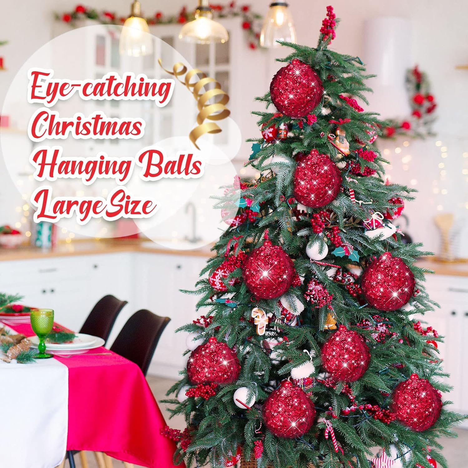 Threan 6 Pcs 3.93'' Red Christmas Ball Ornaments Large Glitter Christmas Ball Ornament Sequin Foam Hanging Decorations for Xmas Wedding Party Holiday Decor