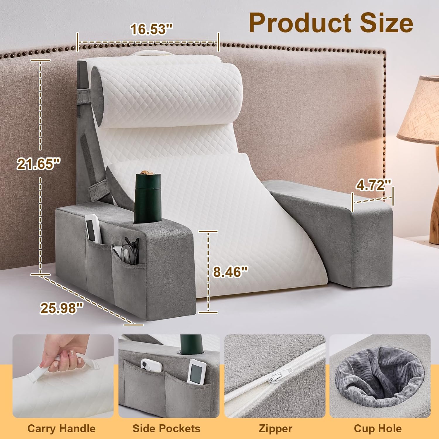 Reading Pillow for Sitting in Bed Adult, Back Pillow for Bed Sitting up with Arms, Pockets and Cup Holder, Sit Up Backrest Pillows for Beds Chair Support, Beds Rest Pillow for Gaming, Watching TV