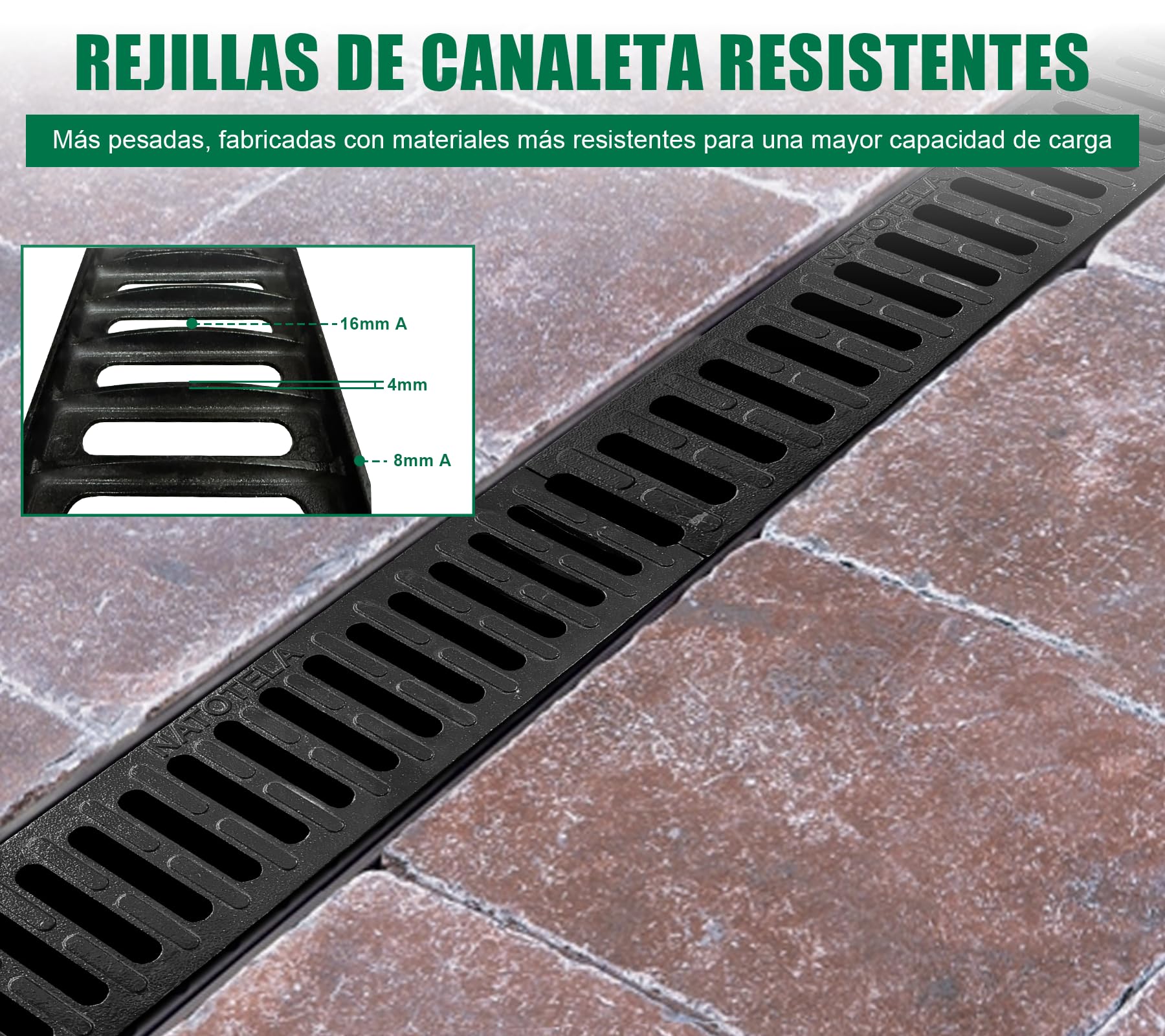 1m Canalón de drenaje con rejilla de fundición B125 GJS soporta hasta 12,5 t - 500 x 140 x 100 mm - Canalón de suelo para drenaje para garaje, entrada de patio, estacionamiento - Resistente a