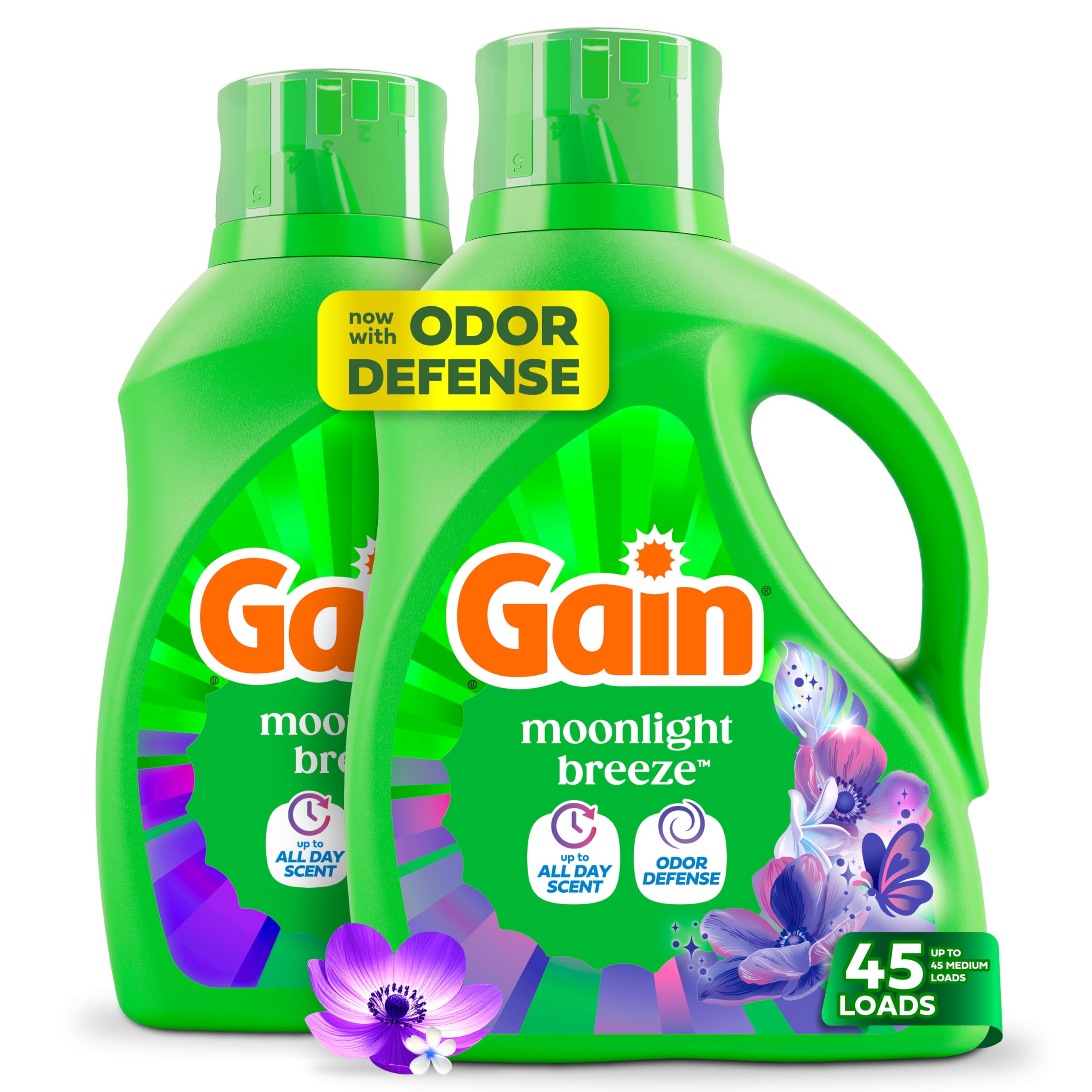 Gain Liquid Laundry Detergent with Odor Defense, Moonlight Breeze Scent, Laundry Soap For HE Washing Machines, 60 fl oz, 45 Loads, Pack of 2 (Packaging May Vary)