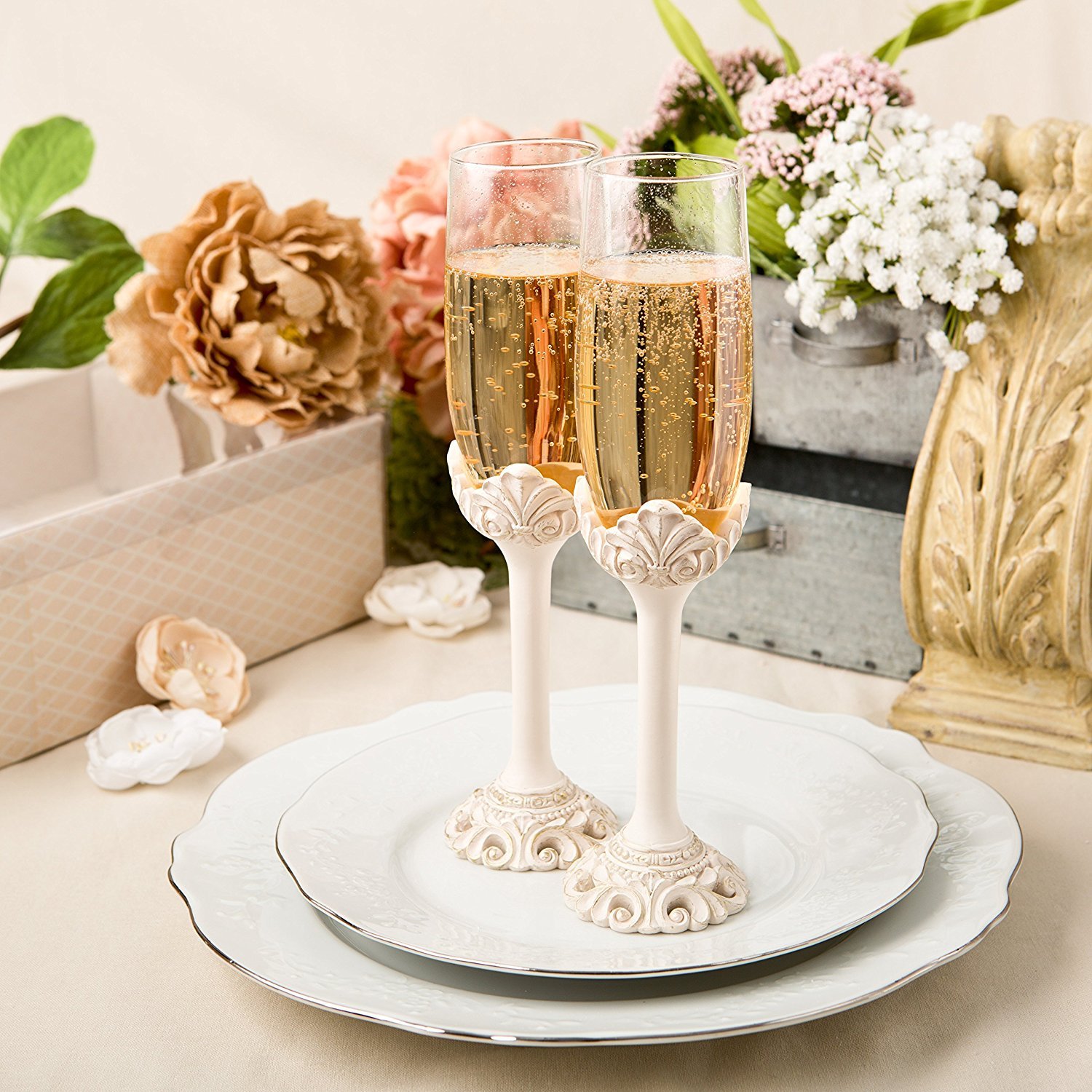 Fashioncraft Vintage Ivory Champagne Glasses Baroque Design Antique Set of Toasting Flutes, 2 Count (Pack of 1)