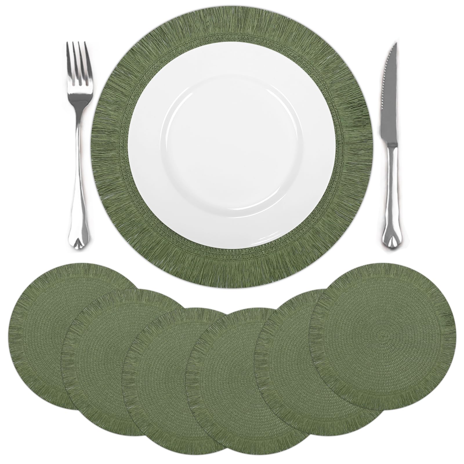 Folkulture Set di 6 tovagliette rotonde in 100% cotone, stile bohémien, resistenti al calore, antiscivolo, lavabili, tovagliette rustiche o tovagliette, diametro 30,5 cm (prati