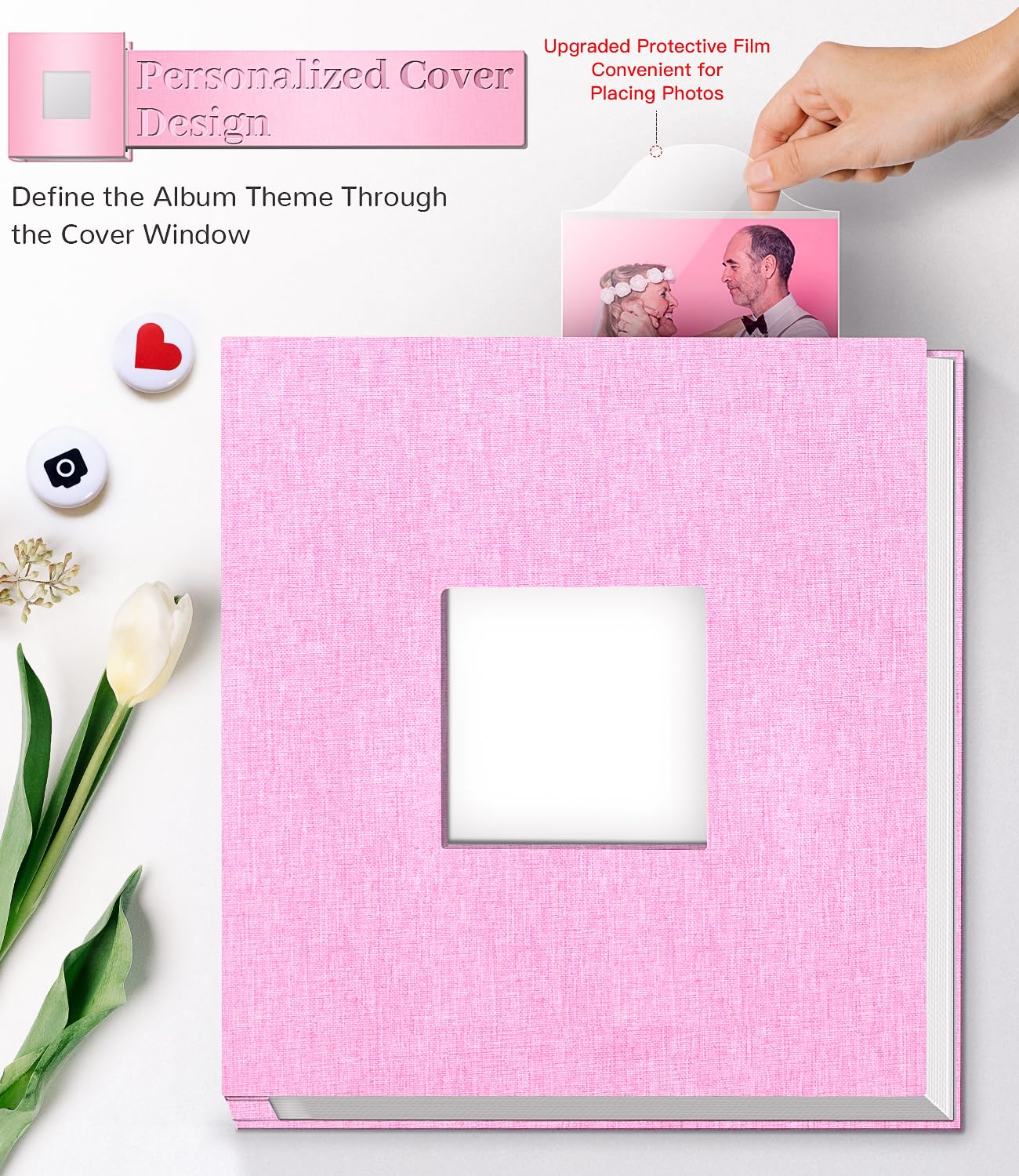Artfeel Photo Album Self Adhesive Scrapbook Album for 3x5 4x6 5x7 8x10 Pictures,60 Pages Linen Cover with Display Window DIY Photo Book,Ideal Gifts for Family Travel Wedding Baby: 11.5"x10.5"40Pages Pink